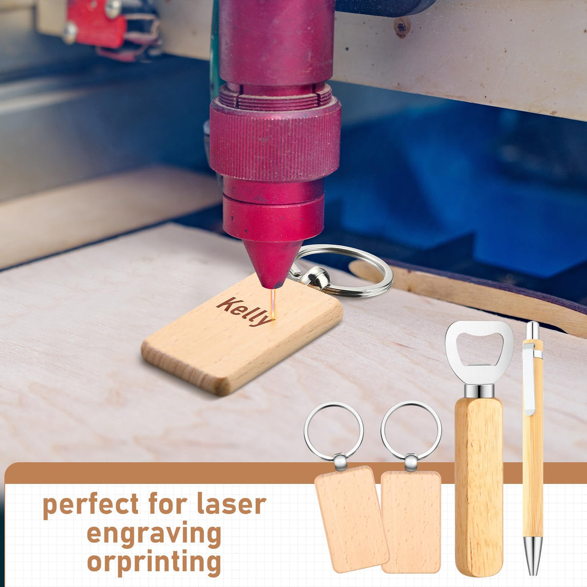SiliFine 60 Pcs Laser Blanks Product Laser Engraving Material Kit Including DIY Wooden Blank Bottle Opener, Wooden Keychain, and Bamboo Pen for Kitchen Wedding Party Bar Home Craft