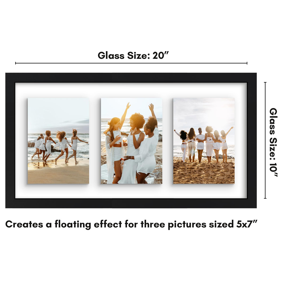Americanflat 5x7 Picture Frame Collage with Shatter-Resistant Glass - Fits Three 5x7 Photos or use as One 10x20 Picture Frame - Signature Collection - Collage Frames with Floating Effect - Black