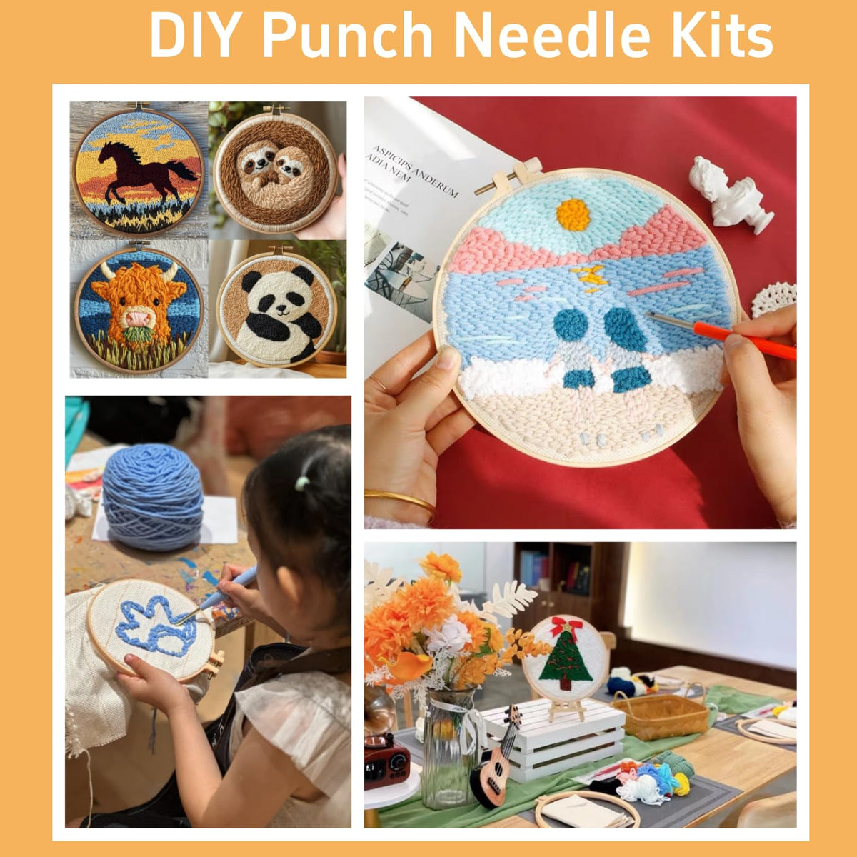 DIY Punch Needle Kits Little Sheep Green Grass Easy for Beginners Punch Needle Embroidery Set for Craft Lovers with Printed Pattern and Hoop for Home Decor 20x20cm-3