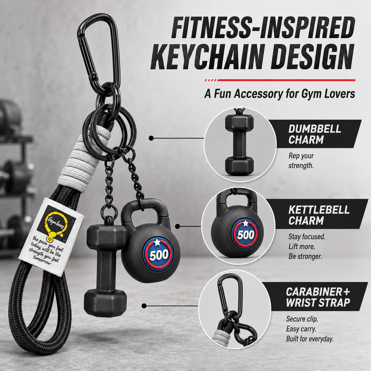 Exodmx Fitness Dumbbell & Kettlebell Keychain - Cute Mini Charm for Gym Lovers, Car/Bag/Purse Accessory (Gift for Men & Women)-black