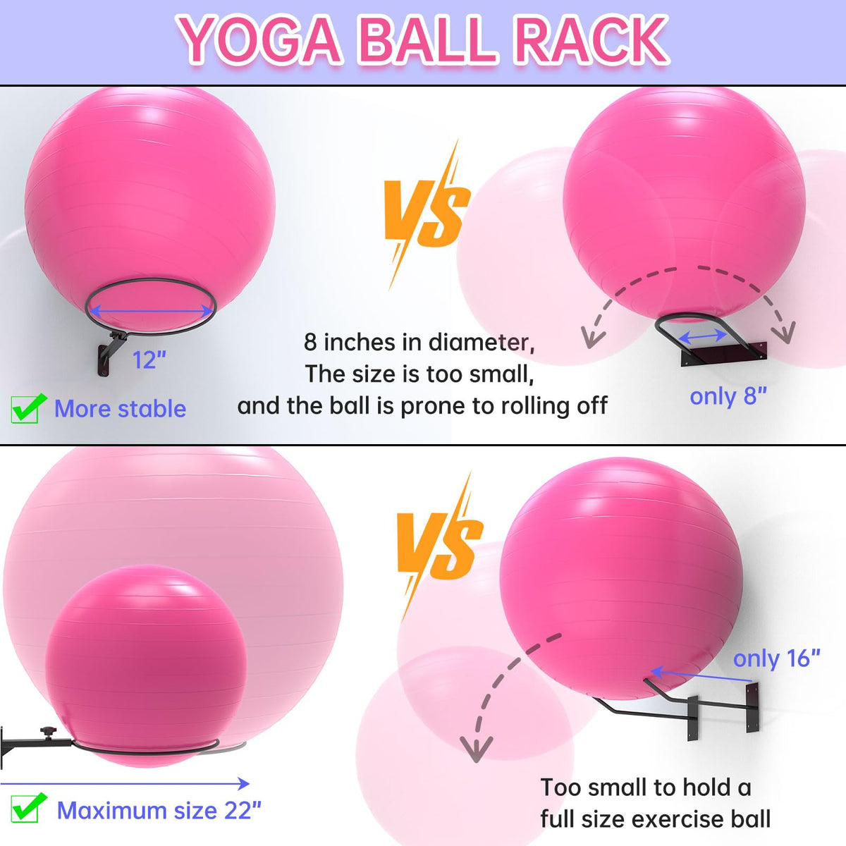 KOMOHOM Wall Mount Stability Ball Storage Rack for 26" Large Balls, Adjustable Heavy Duty Exercise Ball Holder for Home Gym, Metal Bracket for Yoga Ball, Swiss Ball, Physio Ball, Medicine Ball