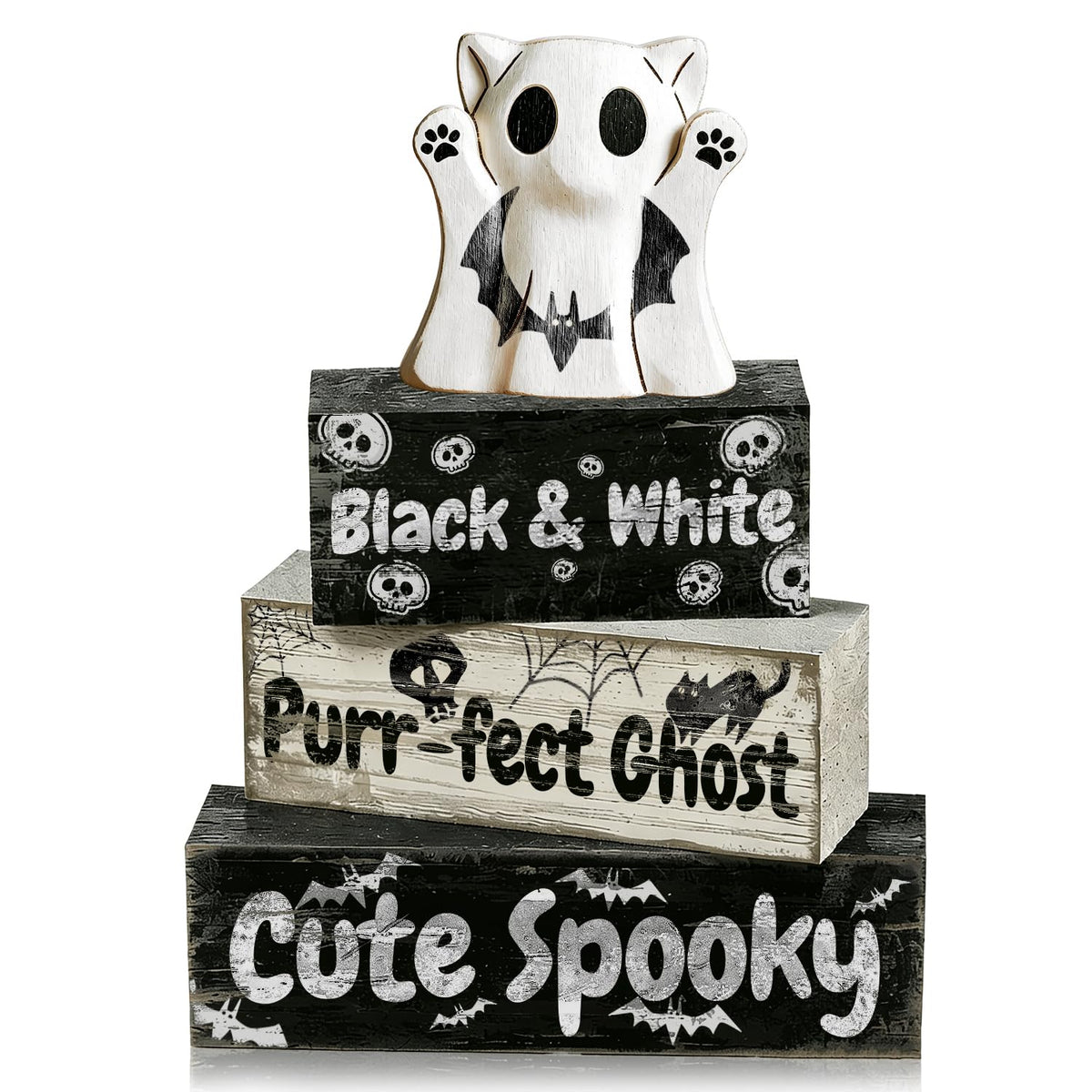 4 Pcs Ghost Cat Halloween Decor Black and White Halloween Tiered Tray Decorations Cute Spooky Rustic Wooden Blocks with Skull Bats Spider Webs Farmhouse Table Centerpiece for Home Office Desk Shelf Mantel Coffee Bar