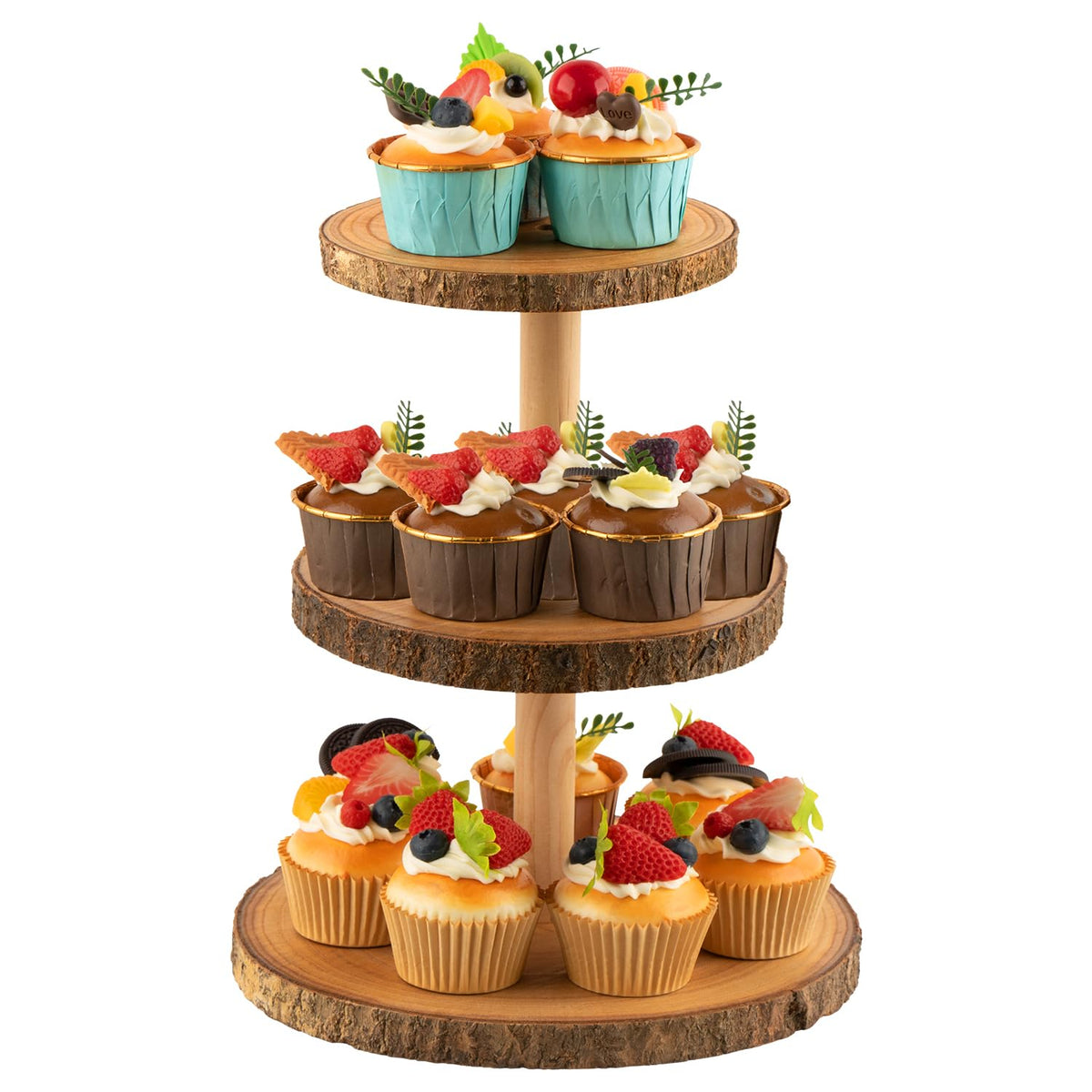 Gusnilo Rustic 3-Tier Wooden Cupcake Stand & Cake Tower – Natural Paulownia Wood Tiered Display for Weddings, Parties, Baby Showers, Holidays (Farmhouse Décor, Handcrafted Bark Design)