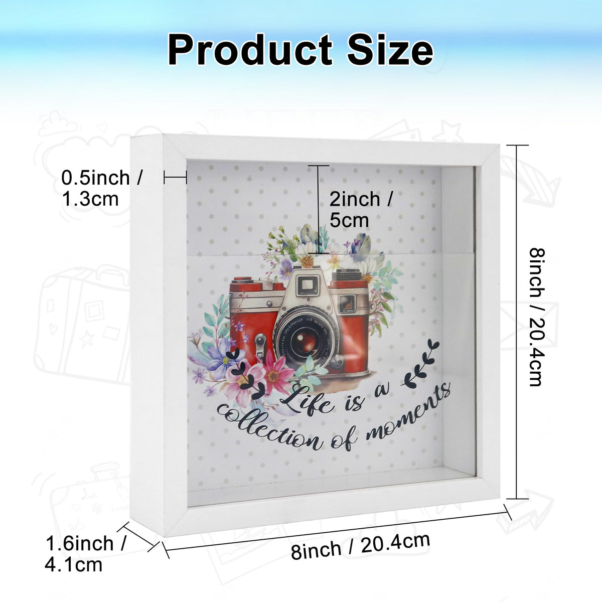 FramePro 8"x8" Travel Memory Shadow Box with Slot - Ticket Stub Organizer & Memory Box for Keepsakes, Shadow Box Frame Display Case for Photos and Tickets, Wall Mount or Tabletop (White)