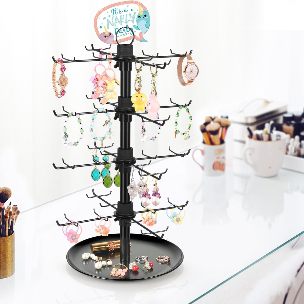 GEAMSAM Jewelry Display for Vendors with 80 Hooks, 4 Tier Rotating Display Stand Earring Holder Organizer Adjustable Height, Earring Rack Keychain Necklace Bracelet Display for Retail