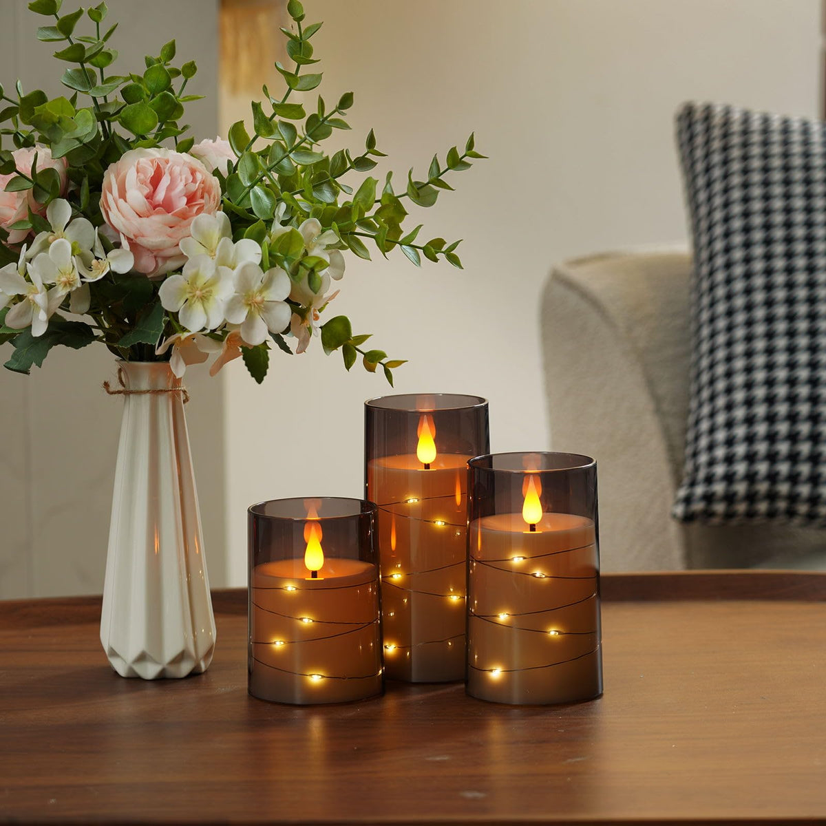 Amagic Grey Flameless Candles with Remote, Flickering Battery Operated Candles with Embedded Fairy Lights, Acrylic LED Candles with Timer for Halloween Home Bohemian Decor, 3D Wick, D3 x H4 5" 6"