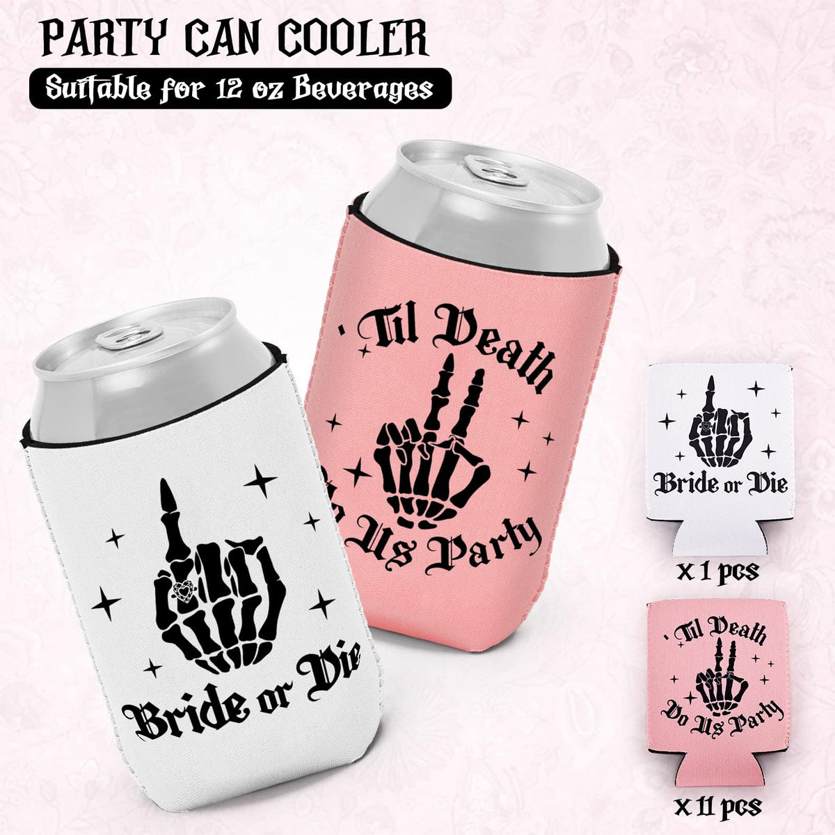 CiyvoLyeen 12PCS Bride or Die Bachelorette Can Coolers, Gothic Till Death Do Us Party Can Sleeves for Bridal Shower, Reusable Beer Bottle & Soda Holders