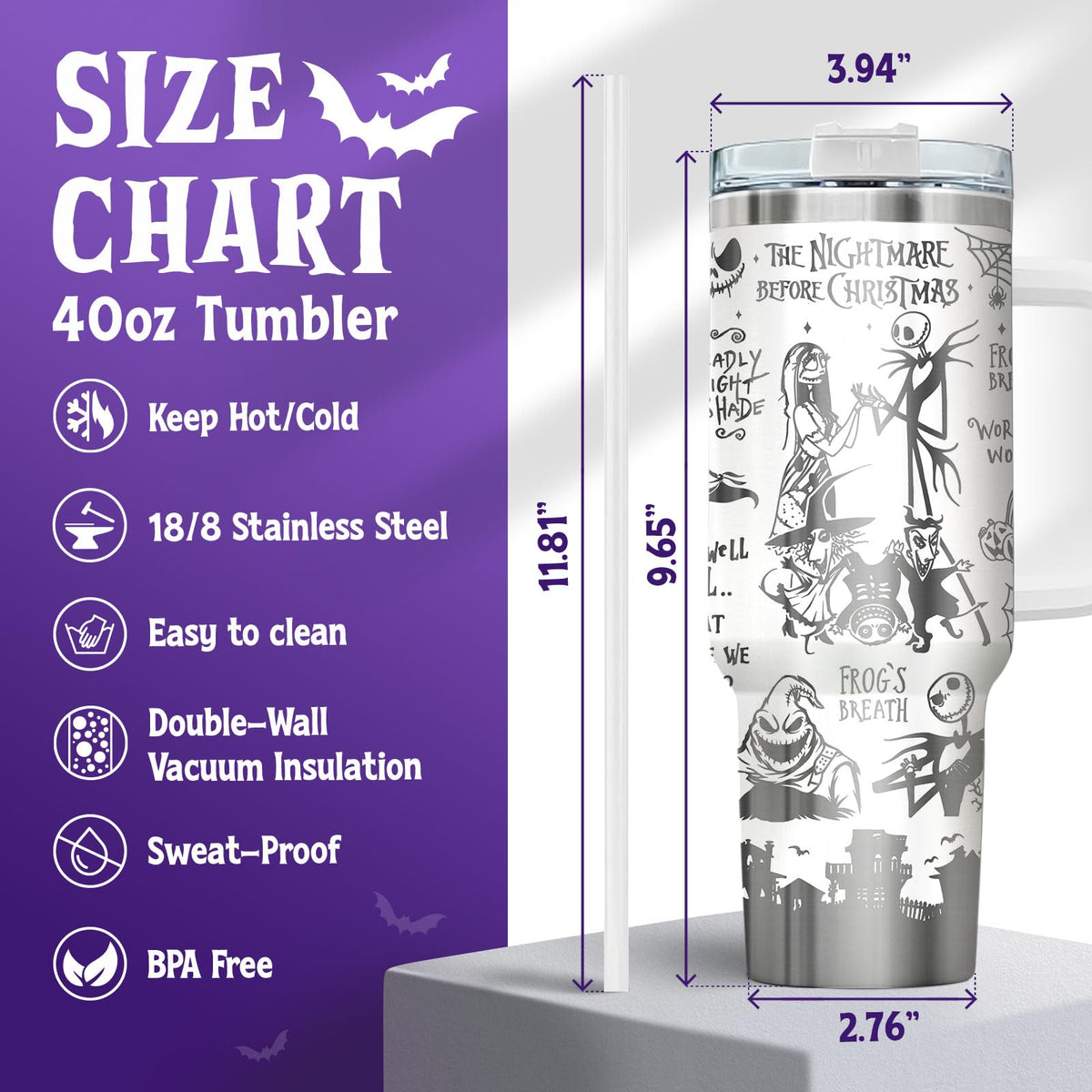fat mummy Spooky Christmas Tumbler – 40 oz Laser Stainless Steel Mug with Handle – Nightmare Halloween Movie Cup Gifts for Fans of Dark Romance, Birthdays & Holidays