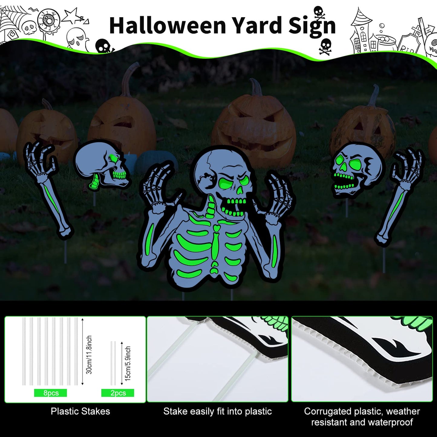 Capoda 5 Pieces Halloween Yard Signs Outdoor Decorations Fluorescent Halloween Skeleton Garden Sign with Stakes Reflective Skeleton Lawn Stake for Garden Lawn Yard Decor Supplies