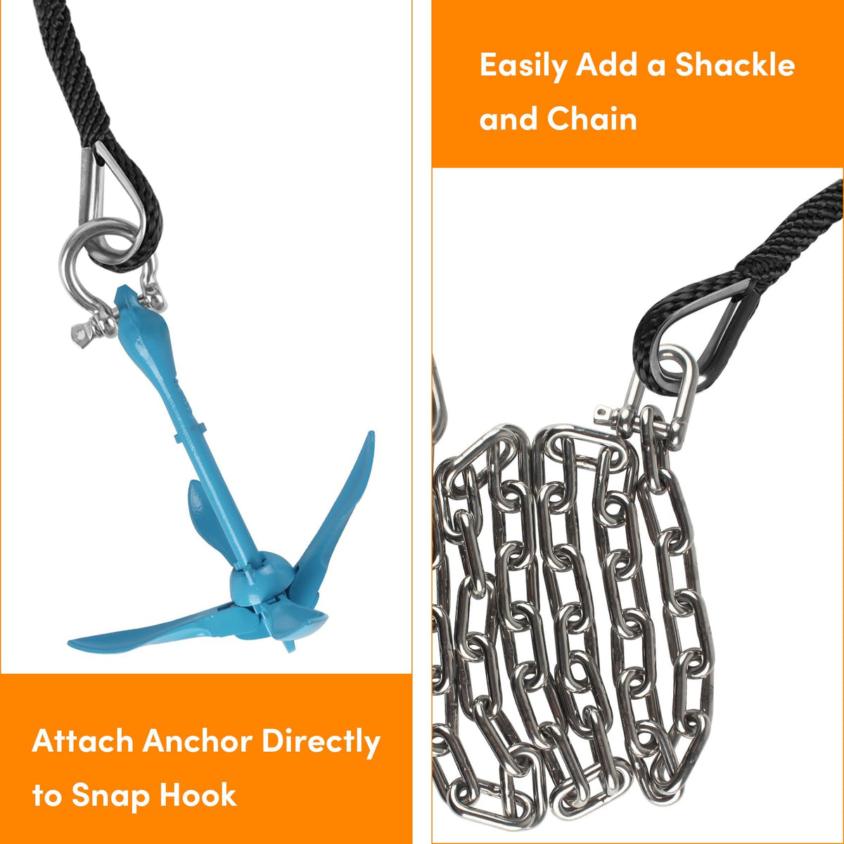 Anchor Rope 50 Ft X 3/8 Inch, Premium Solid Braid MFP Anchor Line, Boat Anchor Rope with Stainless Steel Thimble and Shackle (Black)