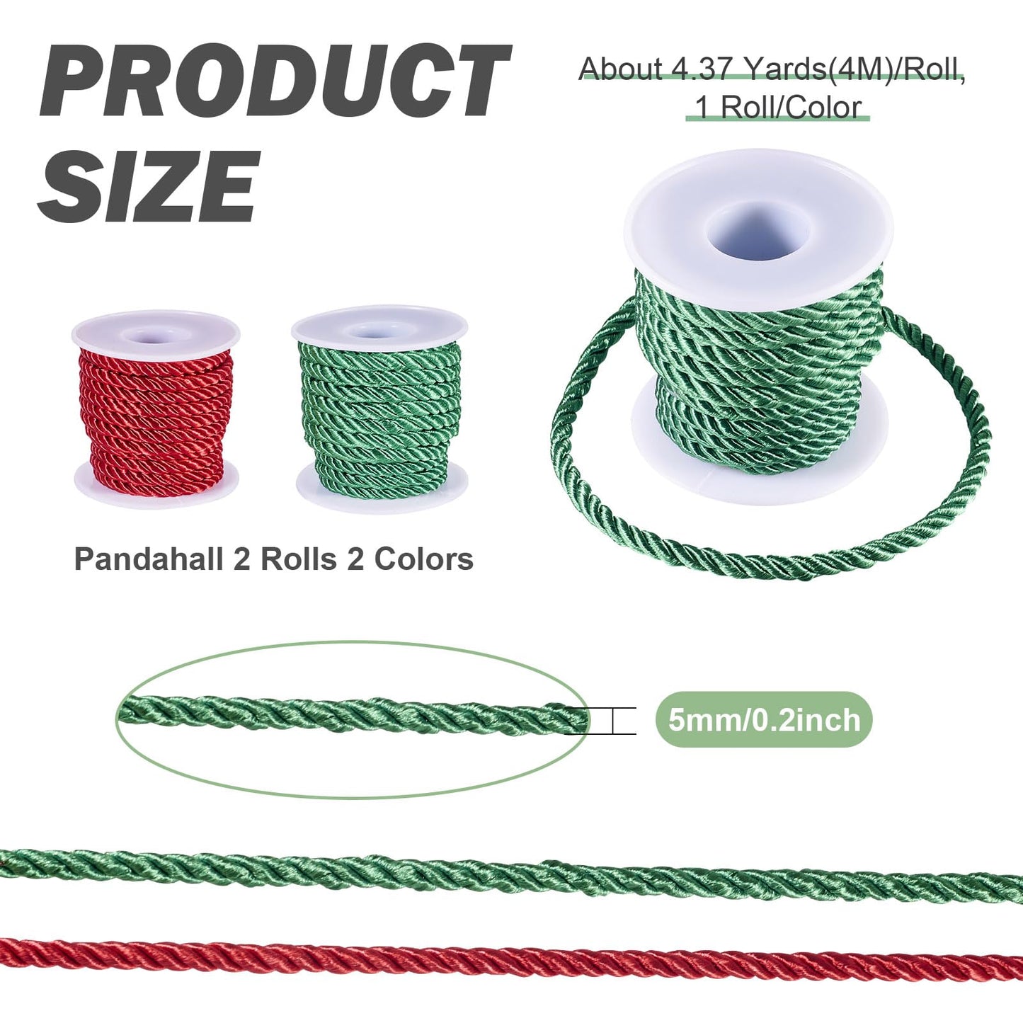 FASHEWELRY 8.74 Yards Christmas Twisted Cords 5mm Red Green Braided Silk Rope Cords Polyester Silk Cords for Macrame Bracelets Curtain Costumes Xmas Ornament, Crafts Making