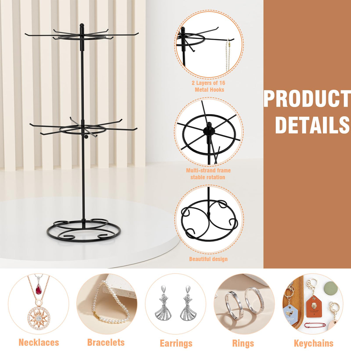 JHJFRAWY Jewelry Stand Organizer, 2-Tier Rotating Necklace Organizer, Spinning Jewelry Keychain Display Tree with 12 Hooks, Easy Assembly for Bedroom and Retail, Black