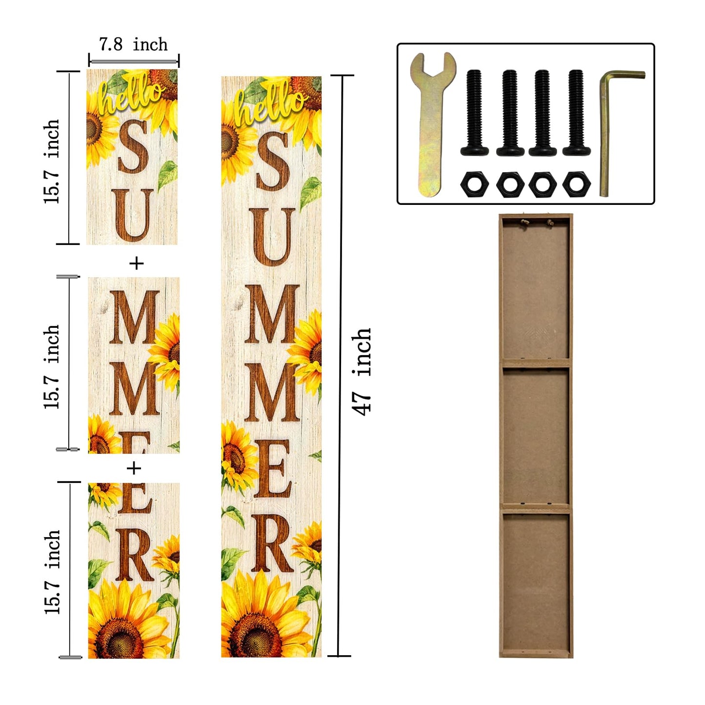 Hello Summer wooden porch sign Vertical hanging decorations Welcome sign front door standing Decorative sign 47x7.8Inch Sunflower pattern Suitable for Outside Decor