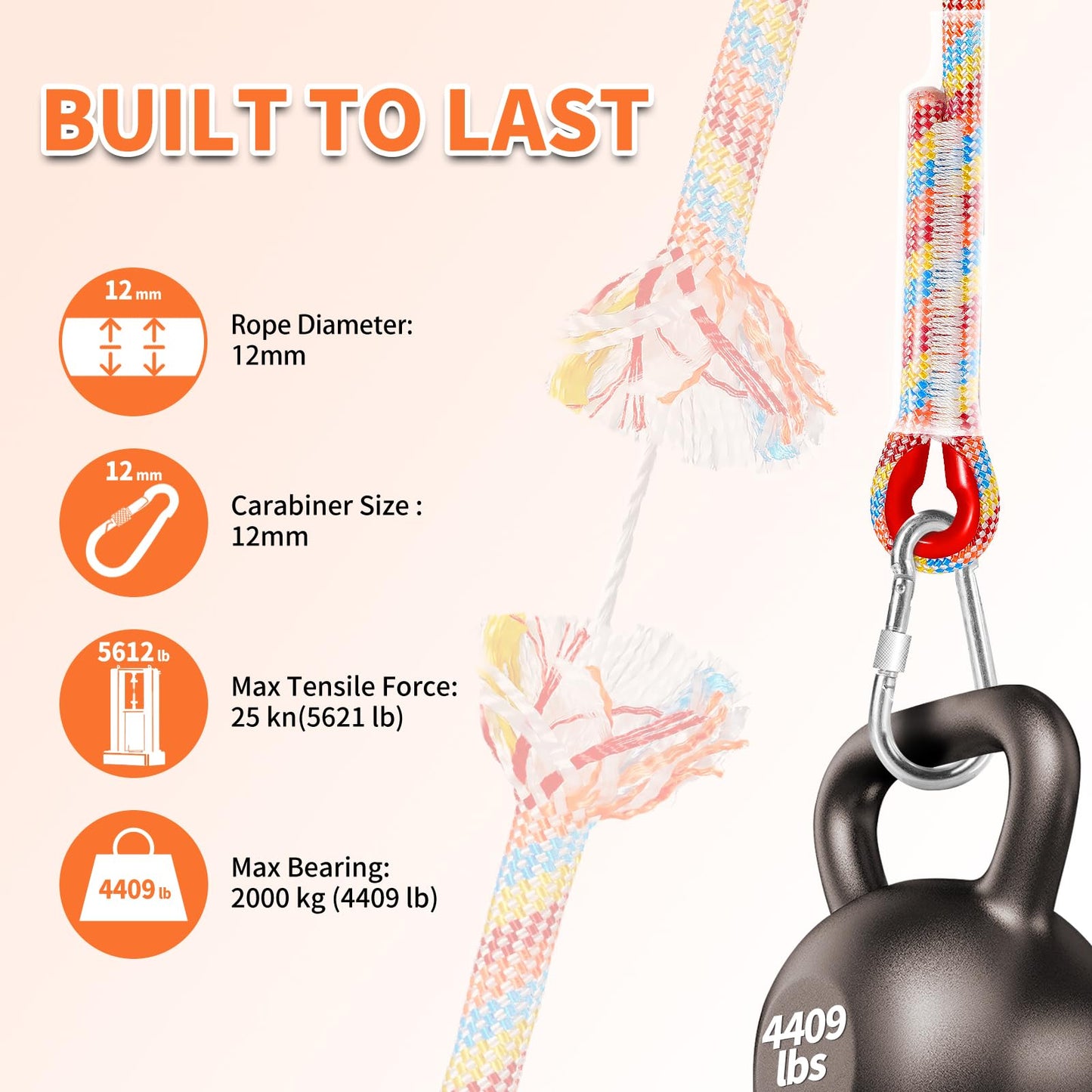 Werfeito Tree Swing Ropes (Set of 2), 5FT/10FT/15FT/20FT, Tree Swing Straps Hanging Kit Holds 4400 lbs, Heavy Duty Carabiners for All Swing Hammock Playground Set Accessories (15FT)