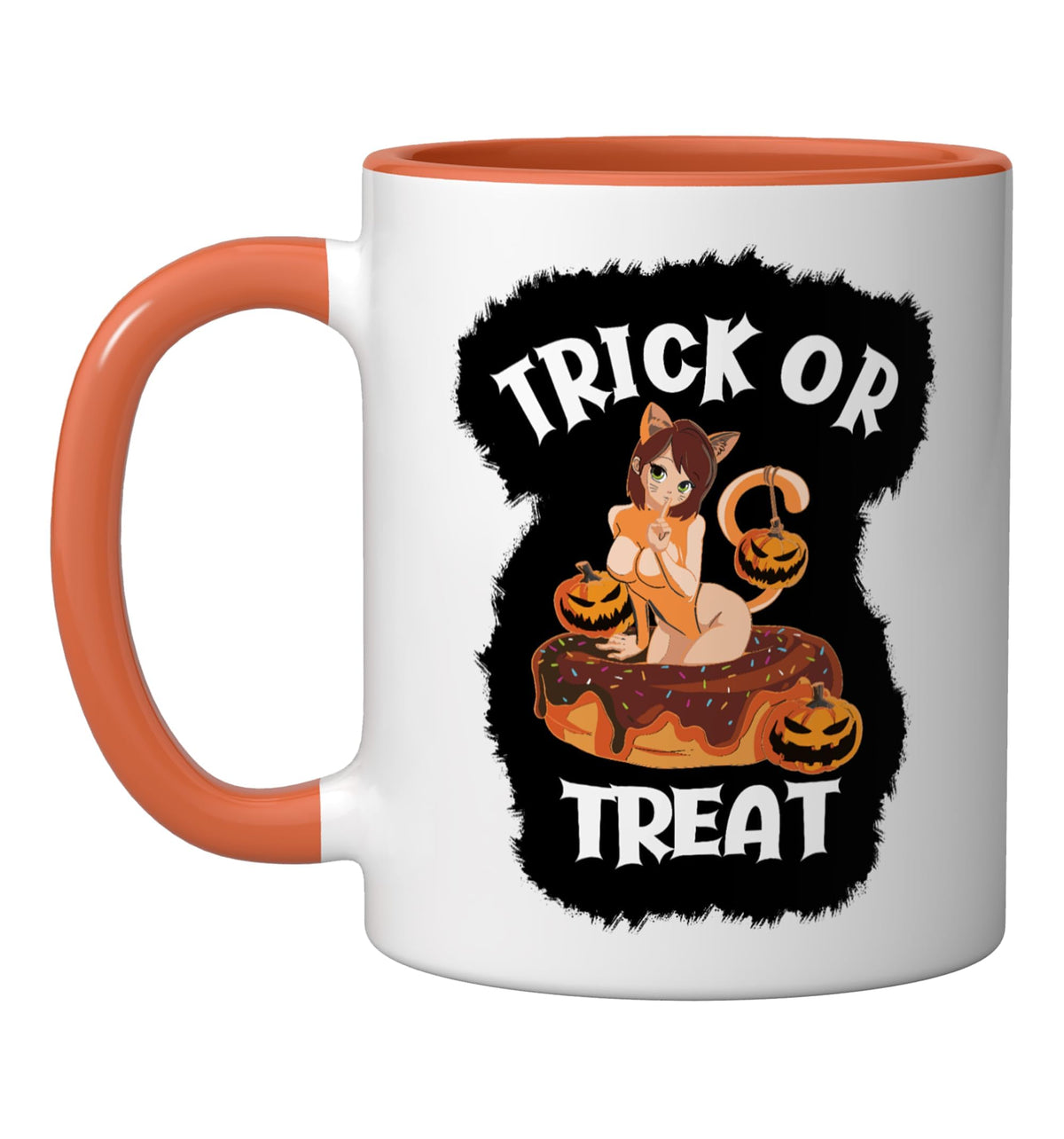 Kawaii Trick Or Treat Sexy Ginger Cat Anime Girl Halloween Ceramic Mug, Orange/White