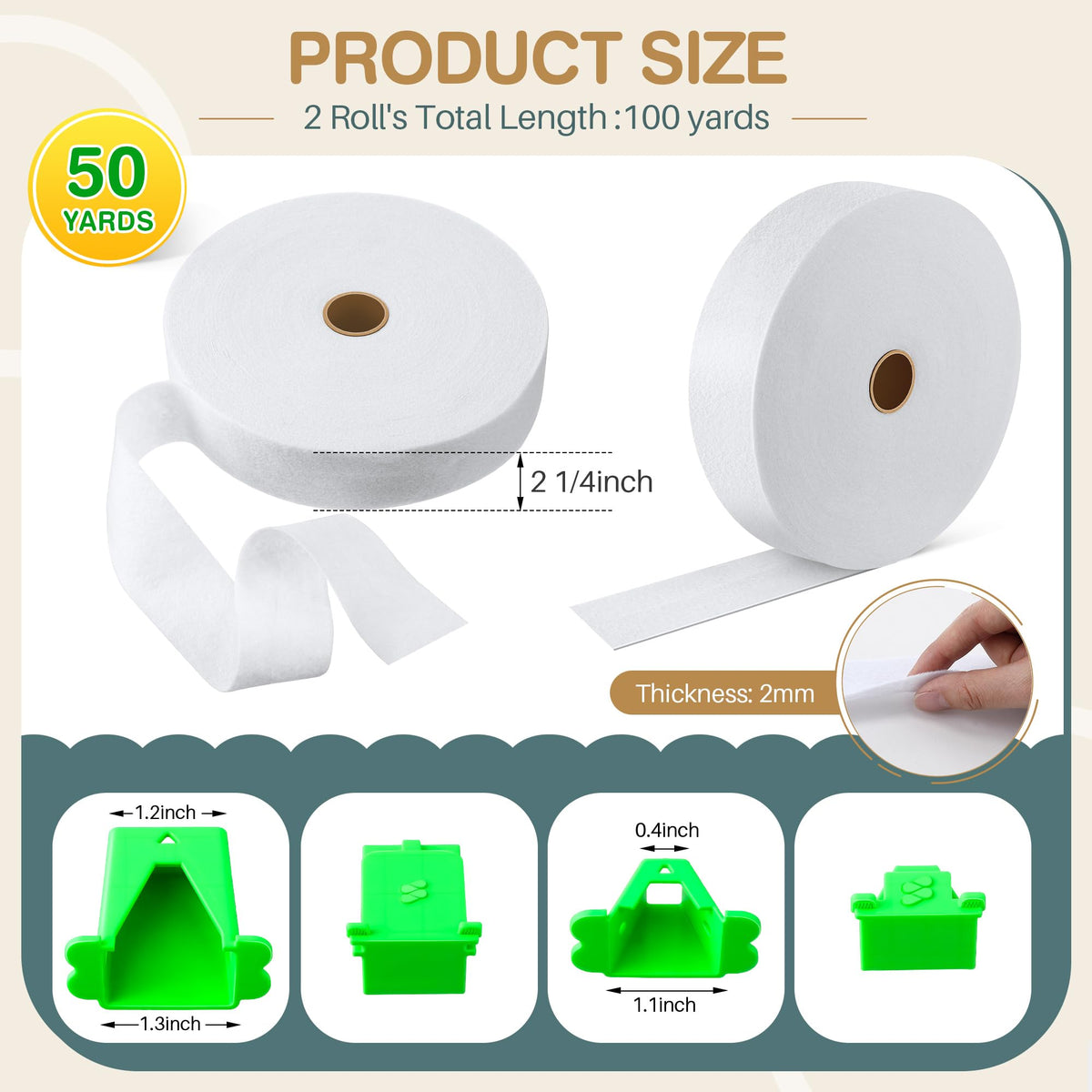 Ceoighe Fabric Roll Batting Strips with Tube Maker, 2 Rolls 100 Yards Total, 2 1/4 Inch Cotton Blend Quilt Batting for Quilting, Rugs, Braided Mats, DIY Sewing Projects