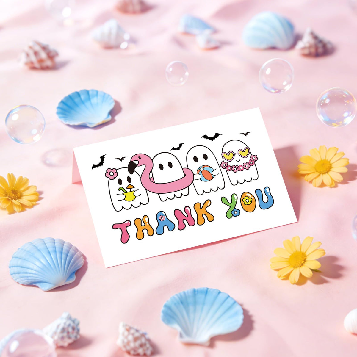 Whaline 24Pcs Summerween Thank You Cards with Envelopes Stickers Blank Greeting Cards Ghost Bat Swimming Ring Note Card for Summer Poor Party Supplies