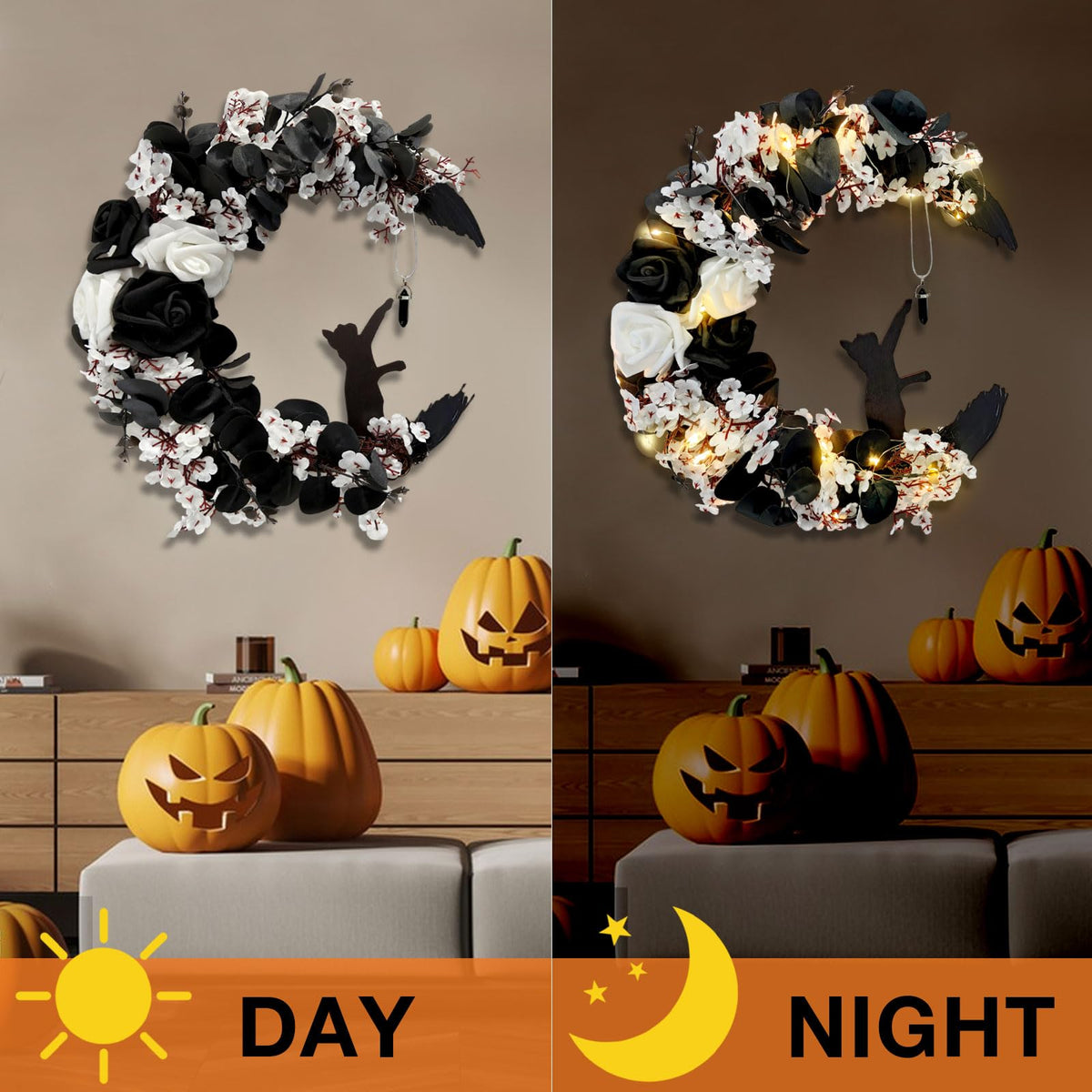 Halloween Wreaths for Front Door, Flower Moon Cat Halloween Home Decoration, Fall Winter Family Gathering Decoration Wreath Outdoor Wall Closet Fence Spooky Wreath(Moon Cat White13.7in×9.8in)