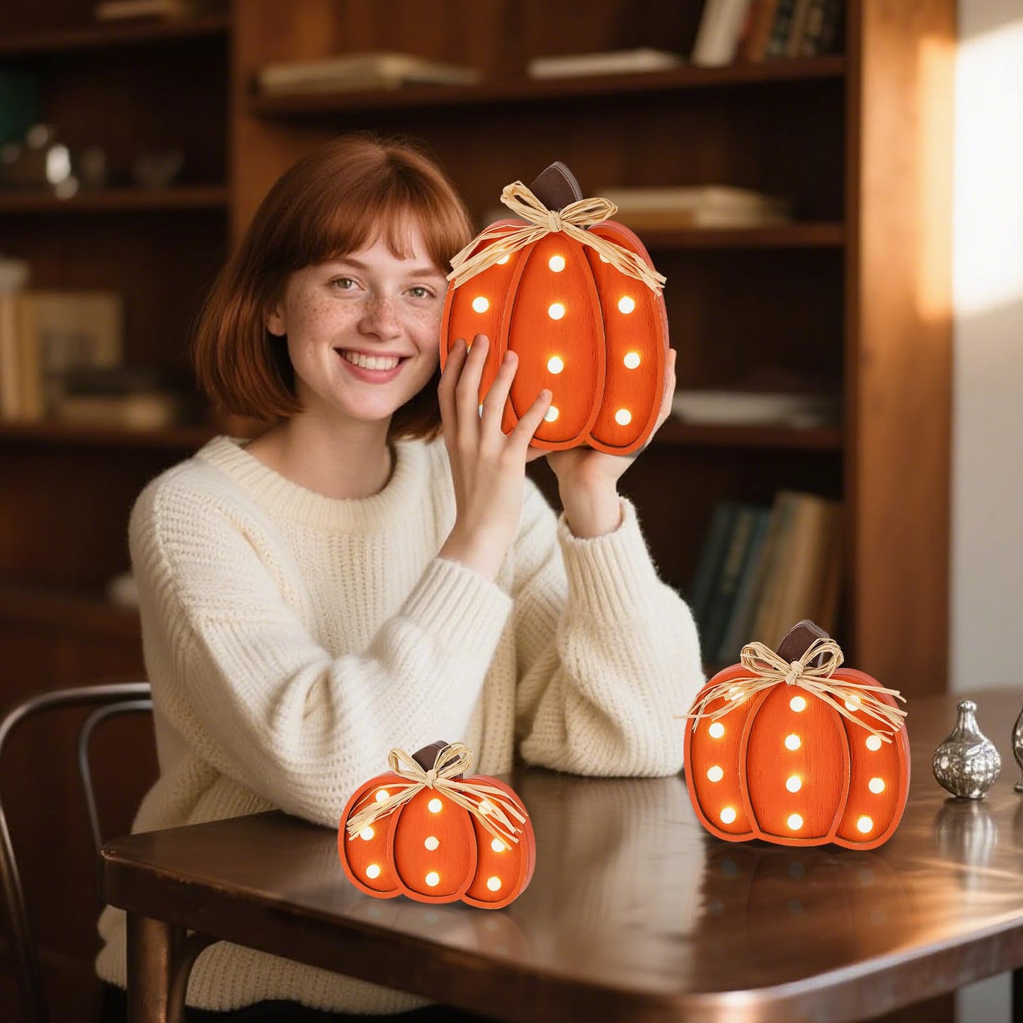 Grinsvalley 3 Pcs Light up Fall Pumpkin Decor Table Centerpieces Wooden Pumpkin Block Sign Rustic Tiered Tray Decorations Standing for Autumn Harvest Farmhouse Fall Mantel Desk Office Party