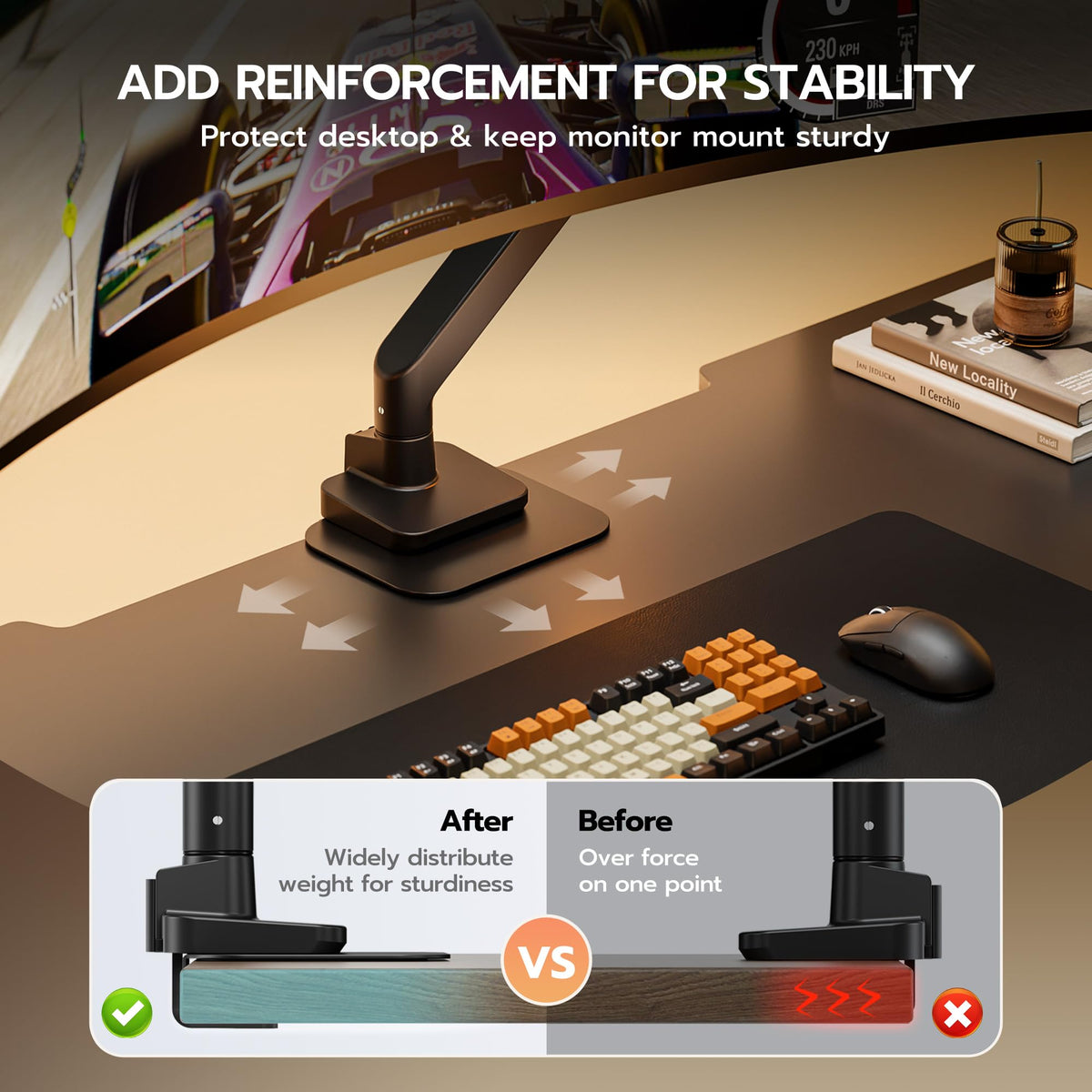 ARES WING Steel Monitor Mount Reinforcement Plate for Thin, Glass and Other Fragile Tabletop, Steel Monitor Stand Plate Compatible with Most C-Clamp and Grommet Monitor Arms, Black