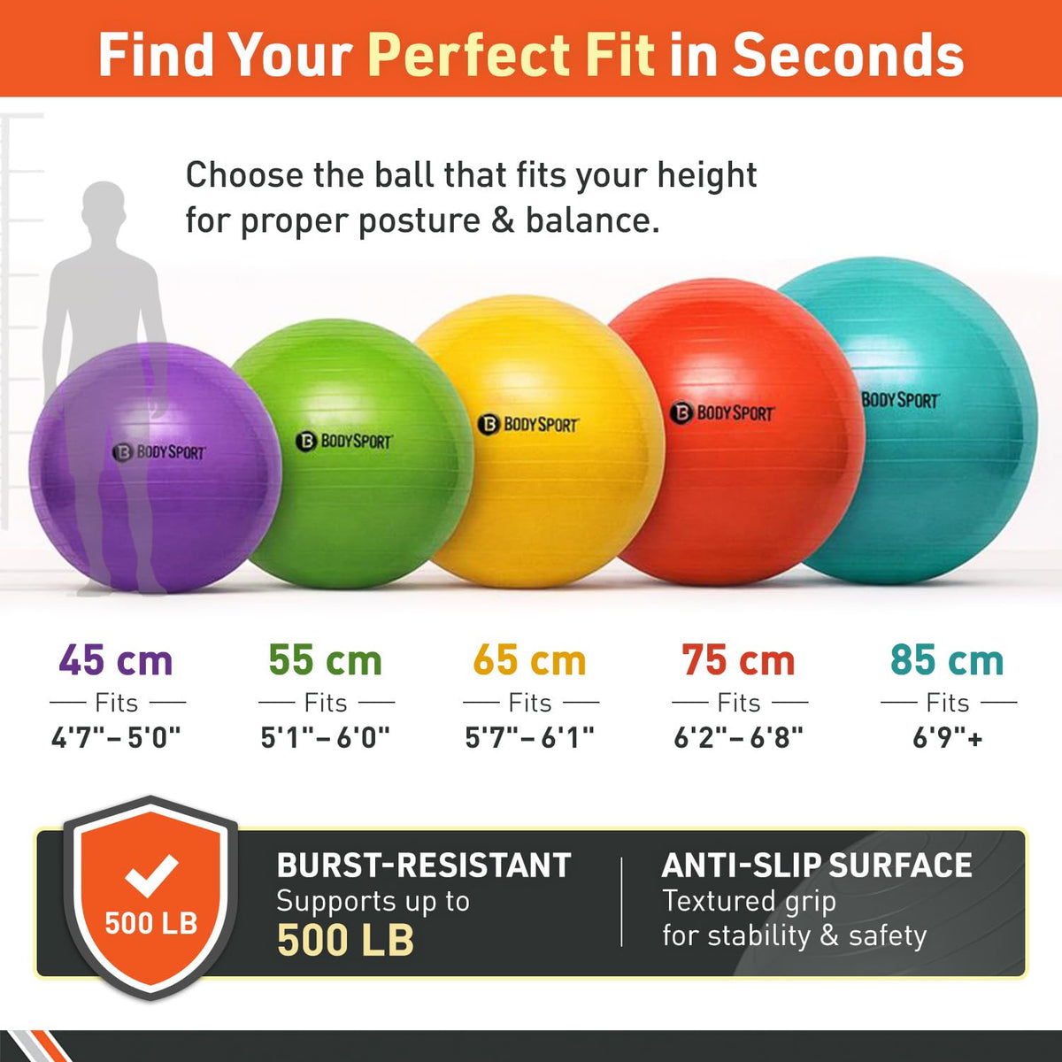 Body Sport Exercise Ball with Pump for Home, Gym, Balance, Stability, Pilates, Core Strength, Stretching, Yoga, Fitness Facilities, Desk Chairs – Yellow 65cm