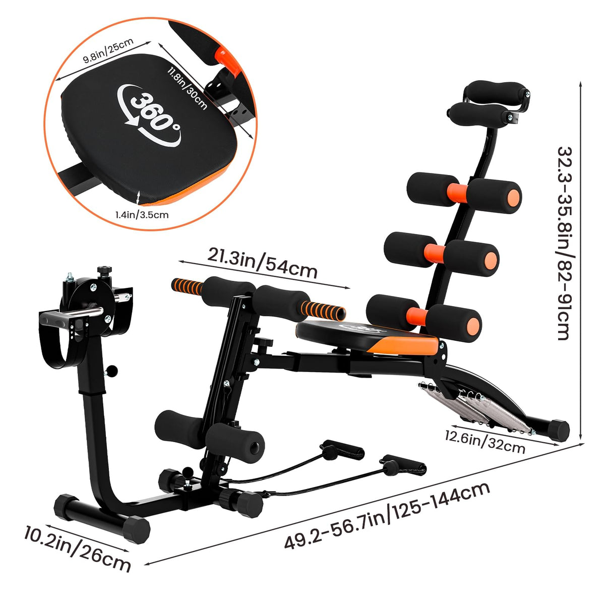 Multi-Function Ab Workout Bench with Resistance Bands and Preacher Curl Pad, Adjustable Ab Crunch Machine, Foldable Sit-Up Bench for Home Gym Strength Training and Leg Extension Black
