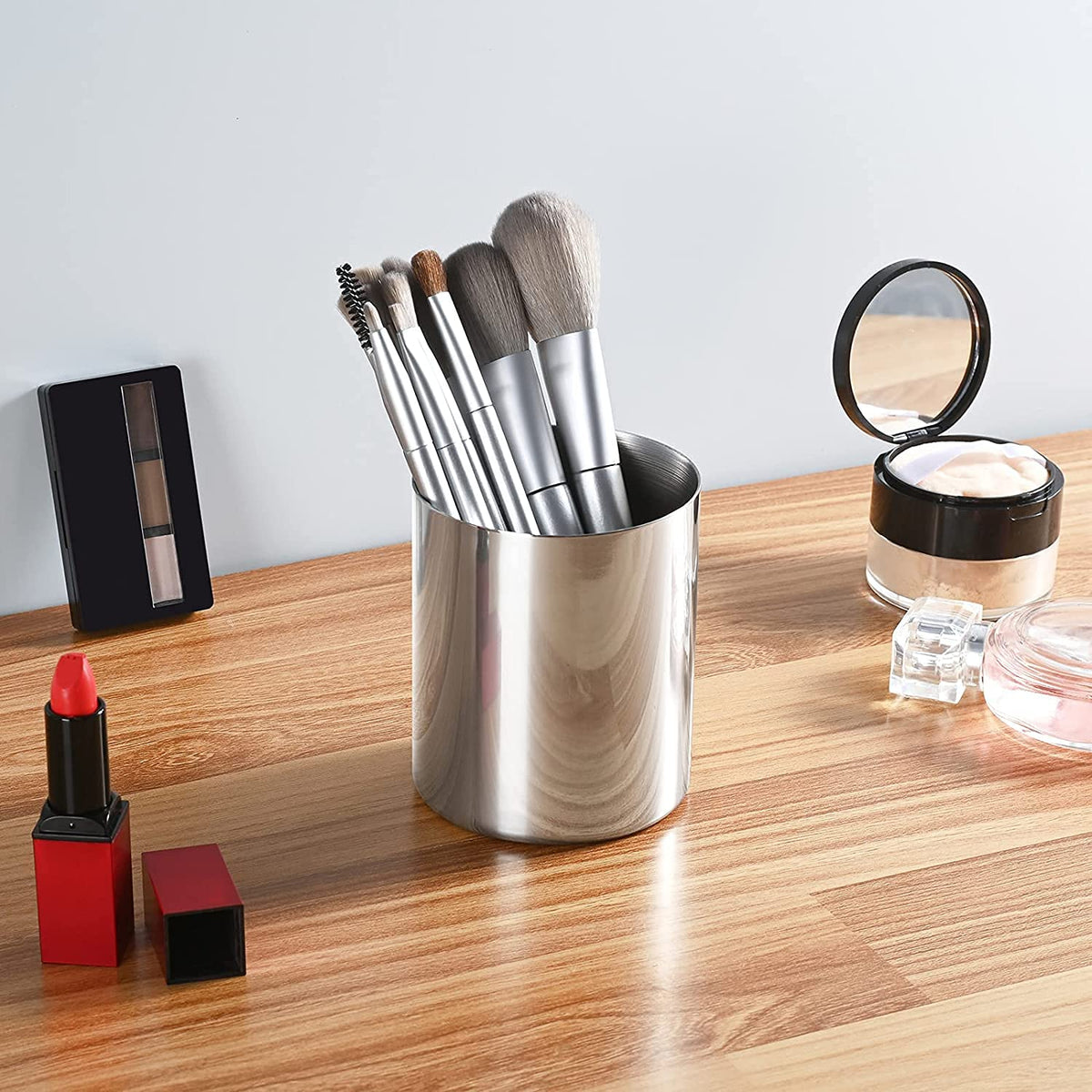 Silver Pen Holder for Desk, SUS304 Stainless Steel Heavy Duty Pen Holder Stand,Cylinder Pencil Holder,Desktop Stationery Organizer