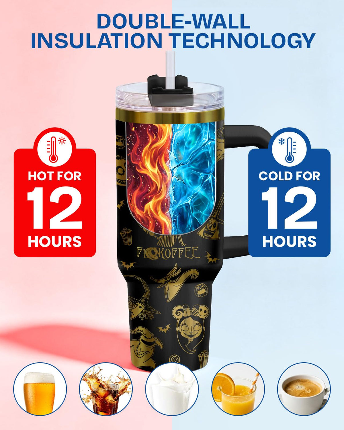 34HD Nightmare Before Coffee Tumbler 40oz with Handle and Straw, Laser Engraved Skeleton Insulated Travel Coffee Cup - Cartoon Character Gifts on Birthday for Cafe Lovers, Men & Women