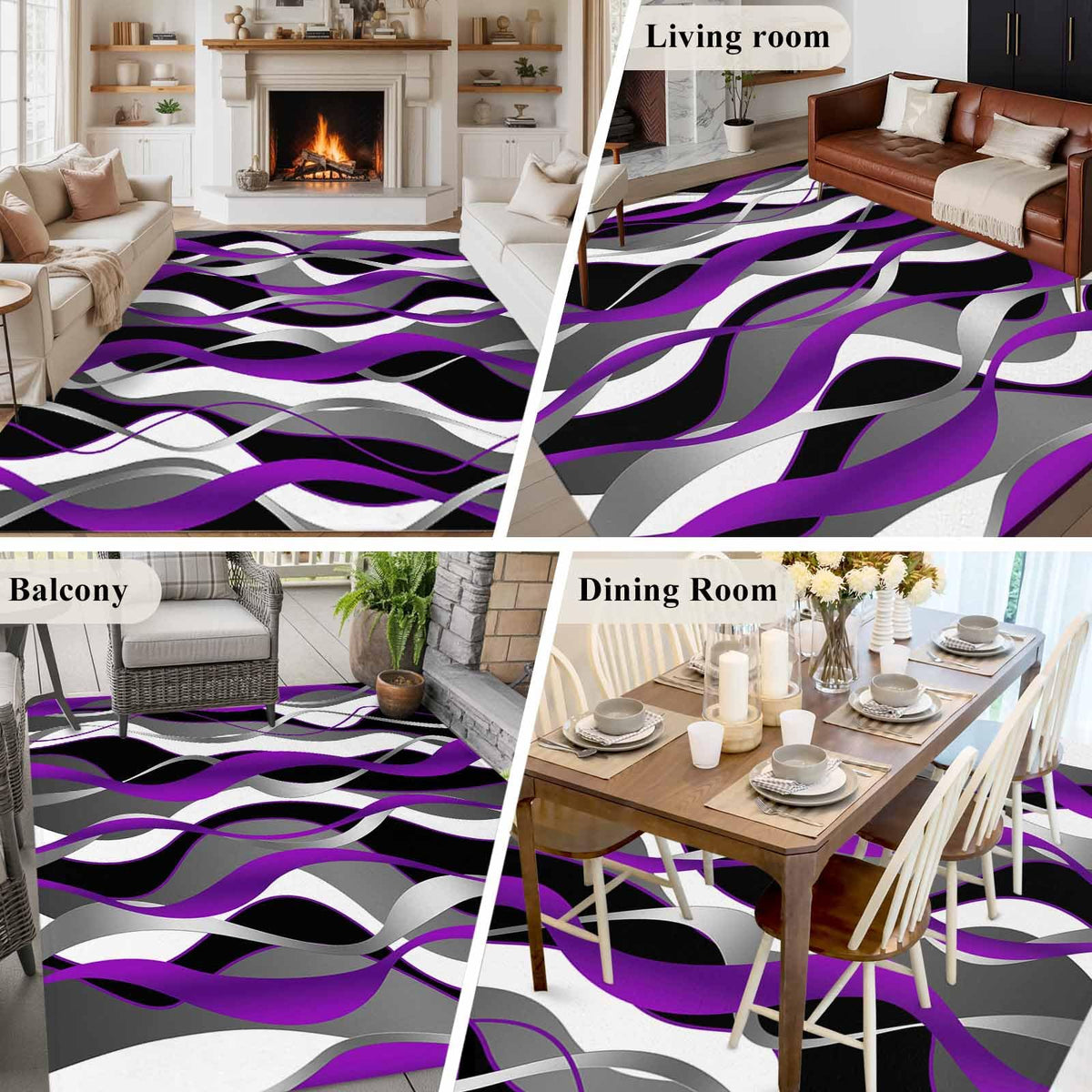 8'x10' Area Rug for Living Room, Purple Black Grey Moire Washable Non-Slip Large Carpet for Bedroom Dining Room, Abstract Modern Geometric Lines StainResistant & Non-Shedding Accent Rug for Kitchen