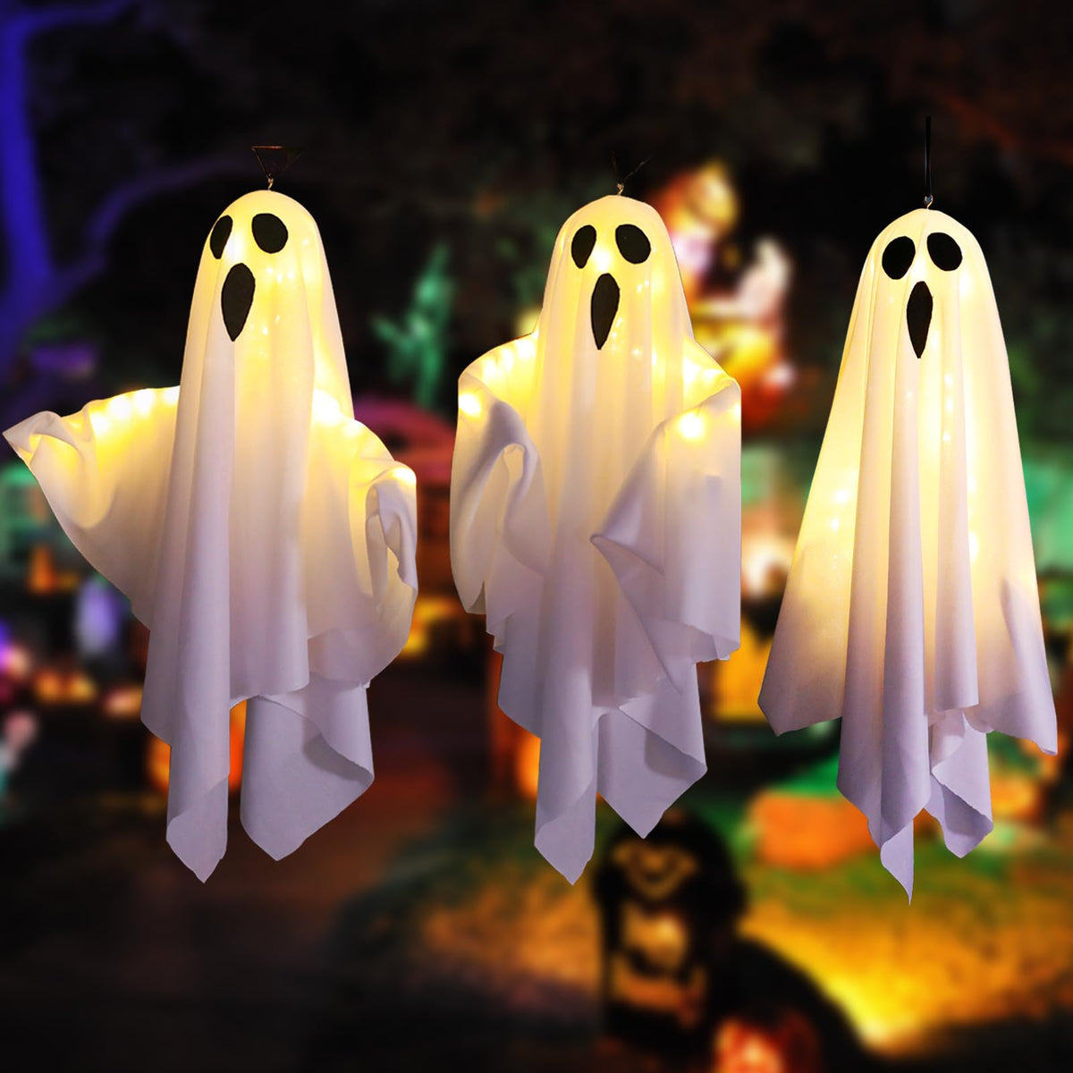 TUSAUW 3Packs Halloween Light Up Hanging Ghost Halloween Ghost Decorations with LED Light Spooky Ghost Ornaments for Home Tree Garden Yard Party Décor and Holiday Decorations(White)
