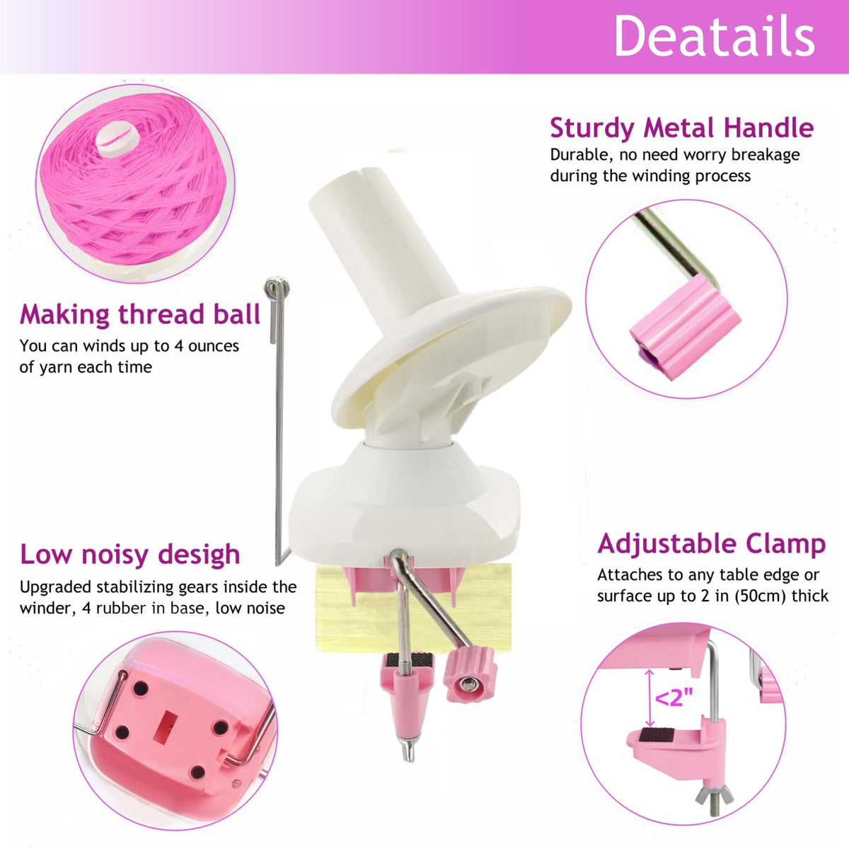 Ayasee Yarn Winder, Yarn Ball Winder, Easy Install and Efficiently for Crocheting Hand Operated Spinner for Knitting Lovers (Pink)