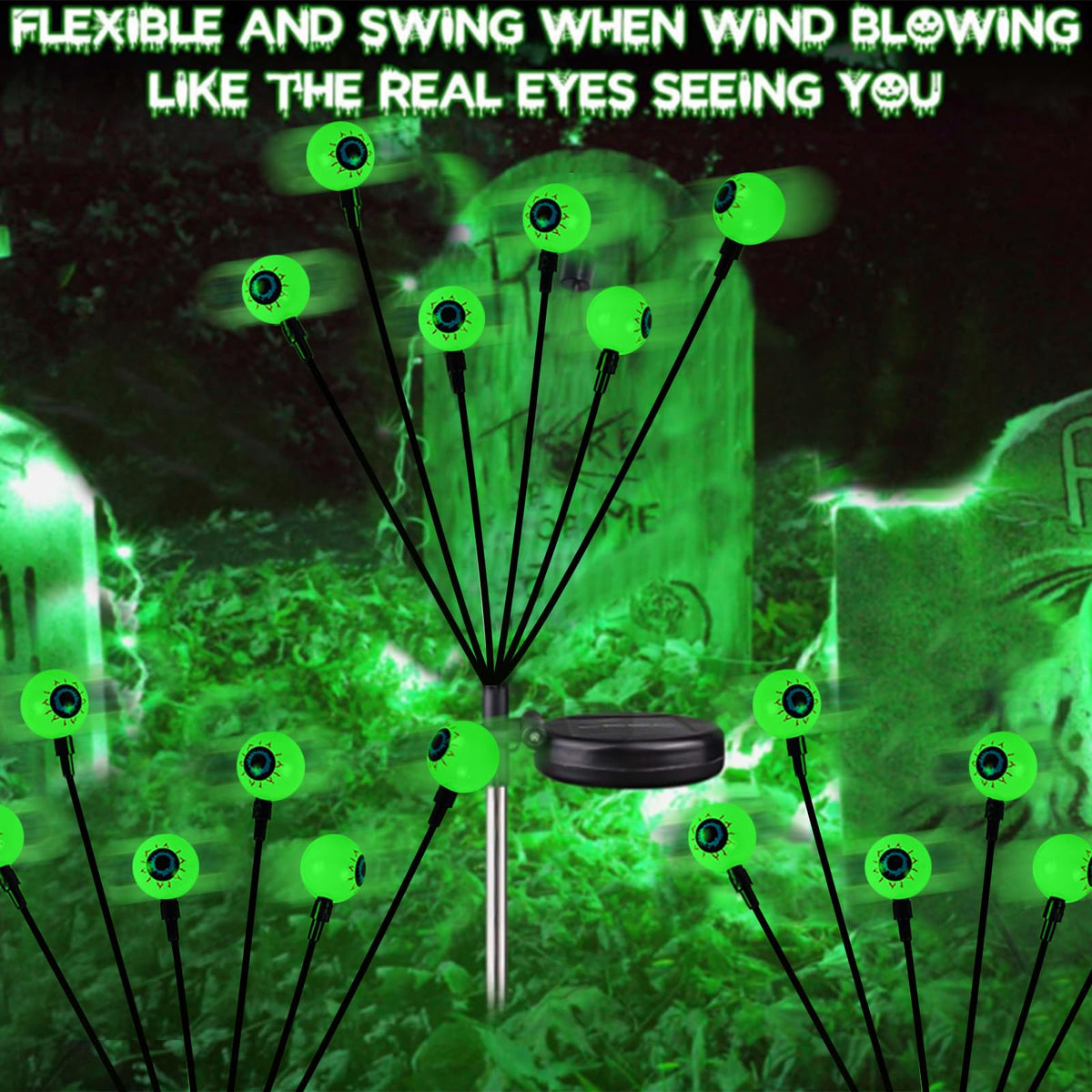YIQU 4 Pack Solar Halloween Lights Outdoor, Solar Eyeball Lights, 24 LED Green Eyeball Swaying Light with 2 Lighting Modes, Waterproof Outdoor Halloween Decorations for Walkway Yard Lawn Horror Party
