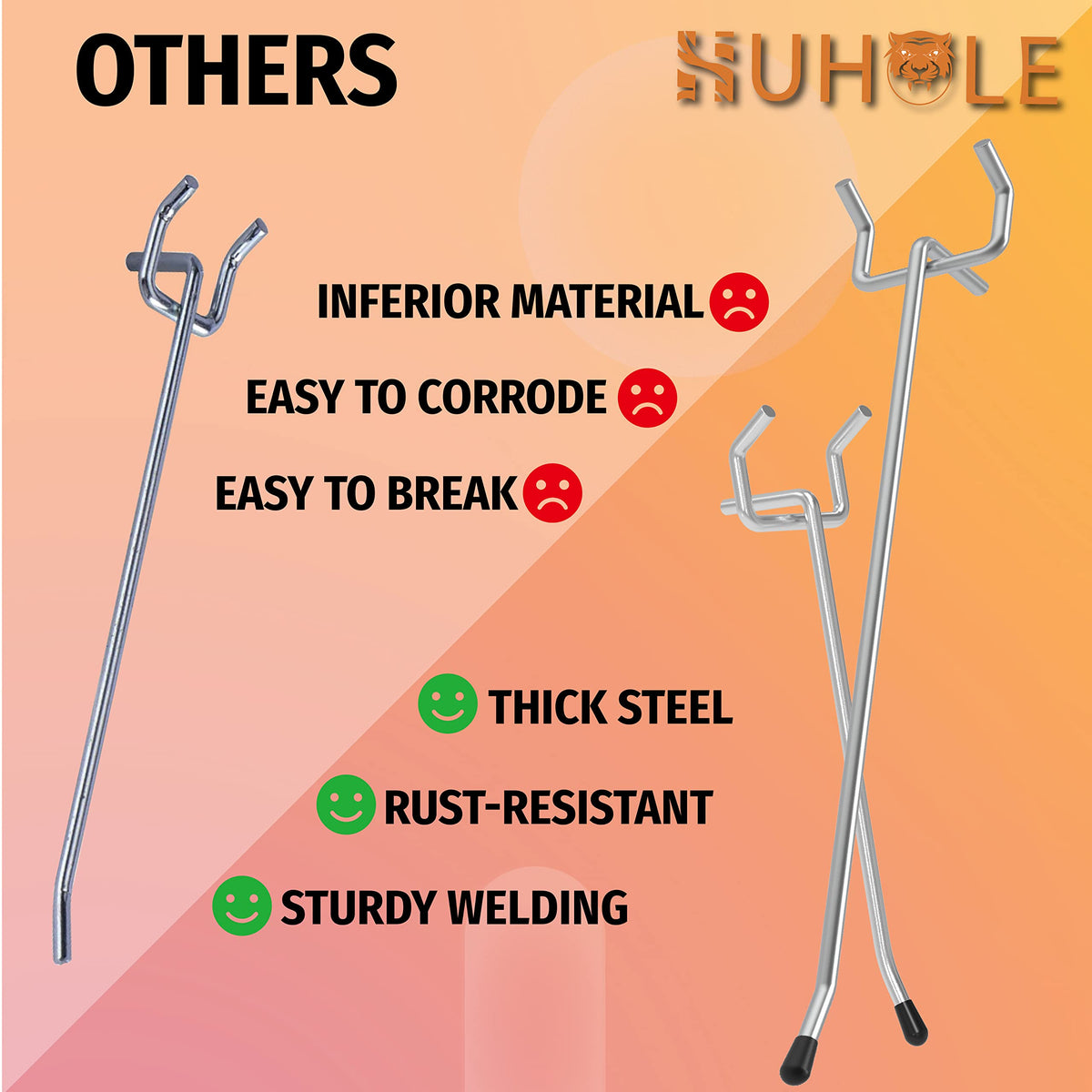 HUHOLE 50-Pack Silver Pegboard Hooks 2 Inch, Heavy Duty Matte Finish Metal Peg Board Hangers, Fits 1/8" & 1/4" Boards, Rust-Resistant Organizer for Garage, Shop, Workbench & Retail Display