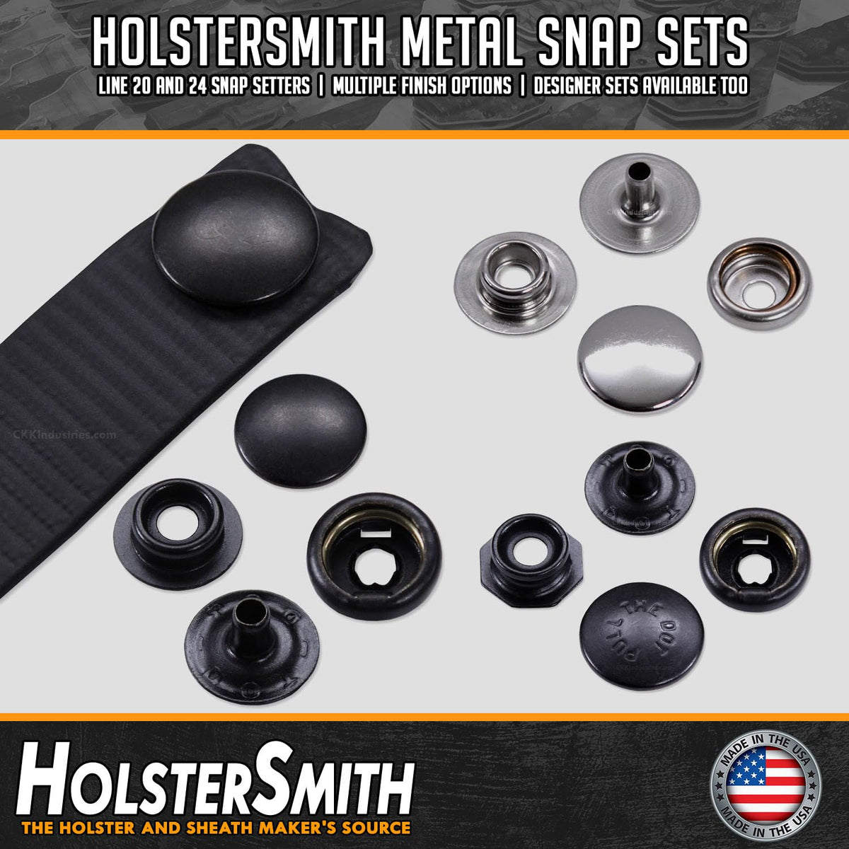HolsterSmith Metal Snap Sets - (Line 24) - (Pull the Dot) - (Black) - (1 Set) - for Leather, Holsters, Sheaths, Pouches, and Clothing