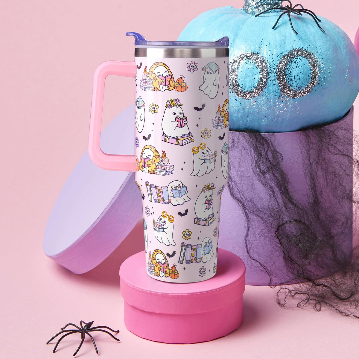 ZNYYZYBA 40 oz Halloween Tumbler with Lid and Straw, Stainless Steel Insulated Ghost Reading Book Tumbler 40 oz, Reusable Ghost Cup with Leak Proof Lid, Halloween Gifts for Women