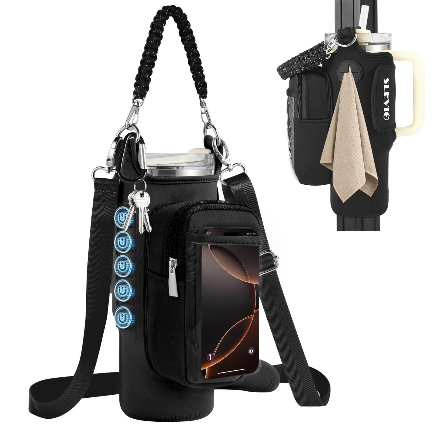 Magnetic Gym Bag for Men, Water Bottle Carrier Holder with Strap, Phone Pockets for Stanley Cup 40 oz Tumbler, Small Bag Gym Accessories for Women with N52 Super Magnet(Black)