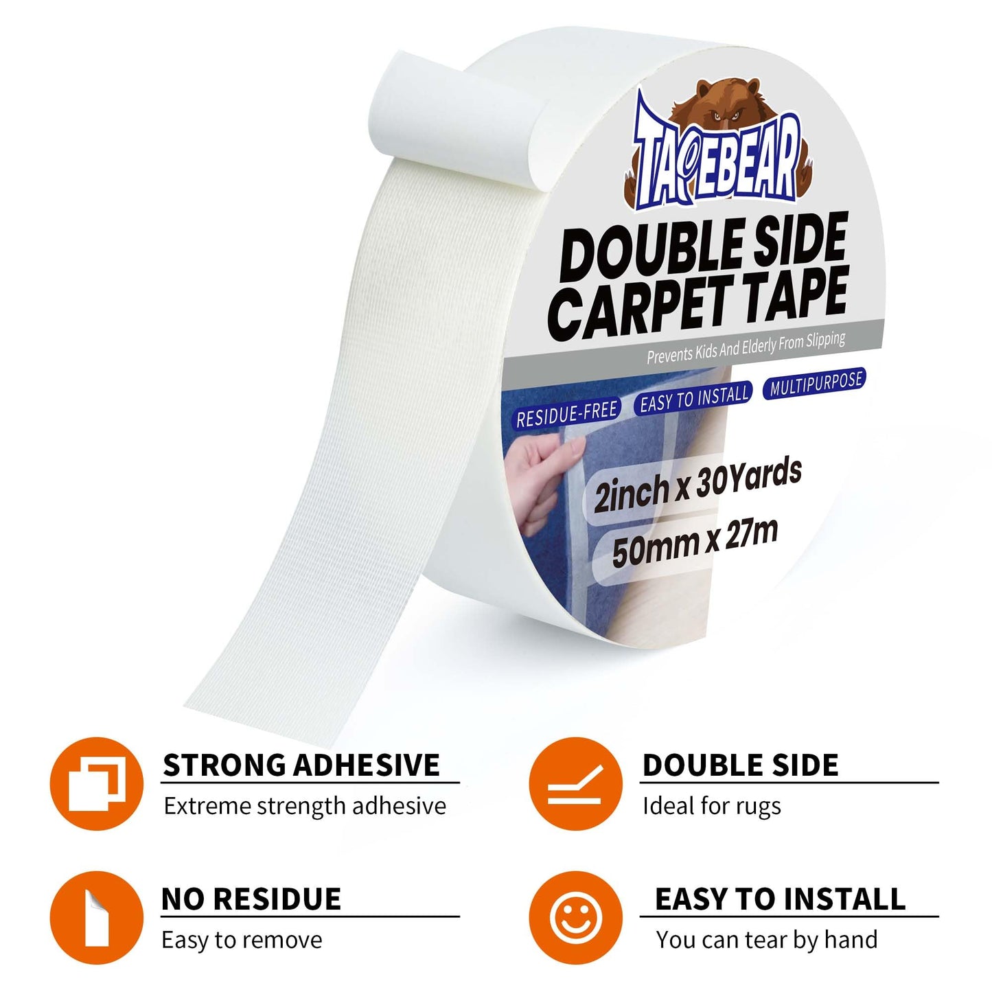 TAPEBEAR Carpet Tape Double Sided 4Inch x 30Yards, Heavy Duty Rug Gripper Anti Slip Anti Curling Floor Tape Residue-Free, Two Sided, Removable, Waterproof for Area Rugs, Mats, Strong Hold for Tile