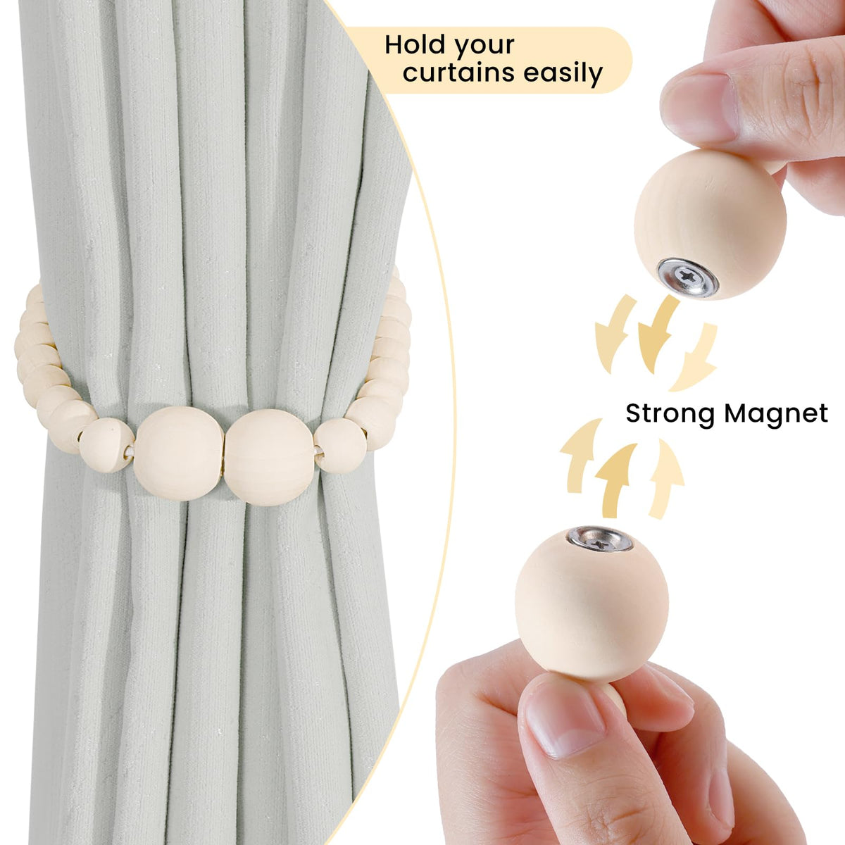 KLOGTSIND Magnetic Curtain Tiebacks, 4 Pack Curtain Holdbacks for Draperies, Wood Bead Curtain Tiebacks, Elegant Curtain Tie Backs for Bedroom Decor, Boho Room Decor, Nursery Decor, Farmhouse Decor