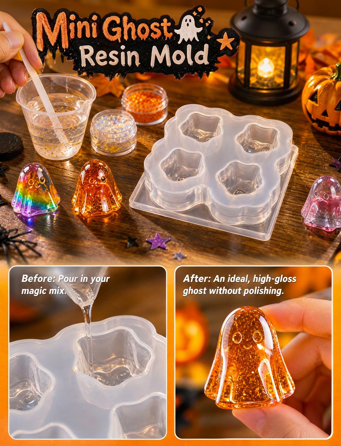 Mini Cute Ghost Figurines Silicone Mold, 4 Pcs Micro Dollhouse Epoxy Casting Mold with Realistic Shapes for DIY Resin Art Fairy Garden Miniatures Landscape Crafts Decor(M)