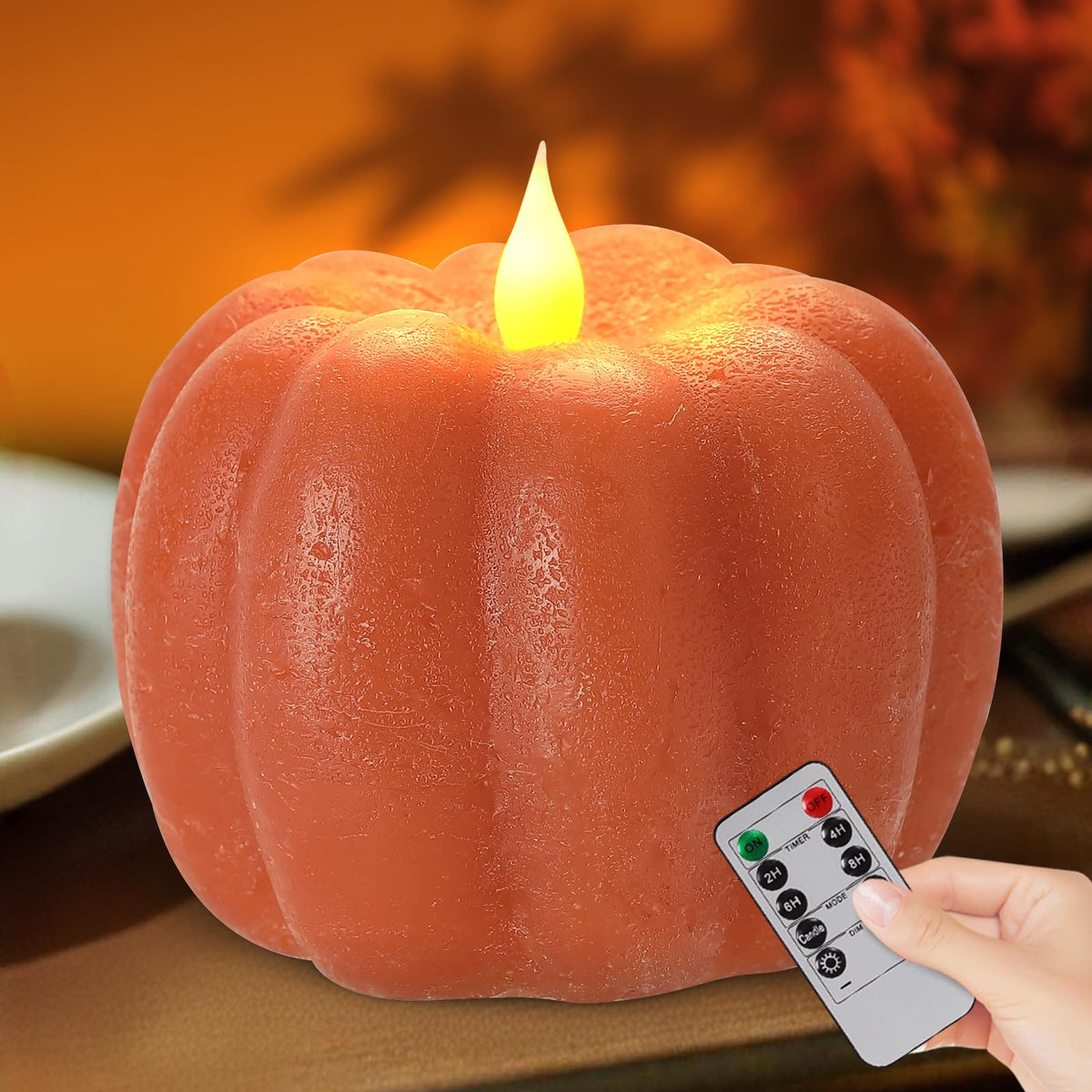 Fall Decor Pumpkin Flameless Candles - Battery Powered LED Pumpkin Flickering Candle with Timer Remote Control, Thanksgiving Gifts, Autumn Farmhouse Rustic Harvest Decor for Indoor (Orange)