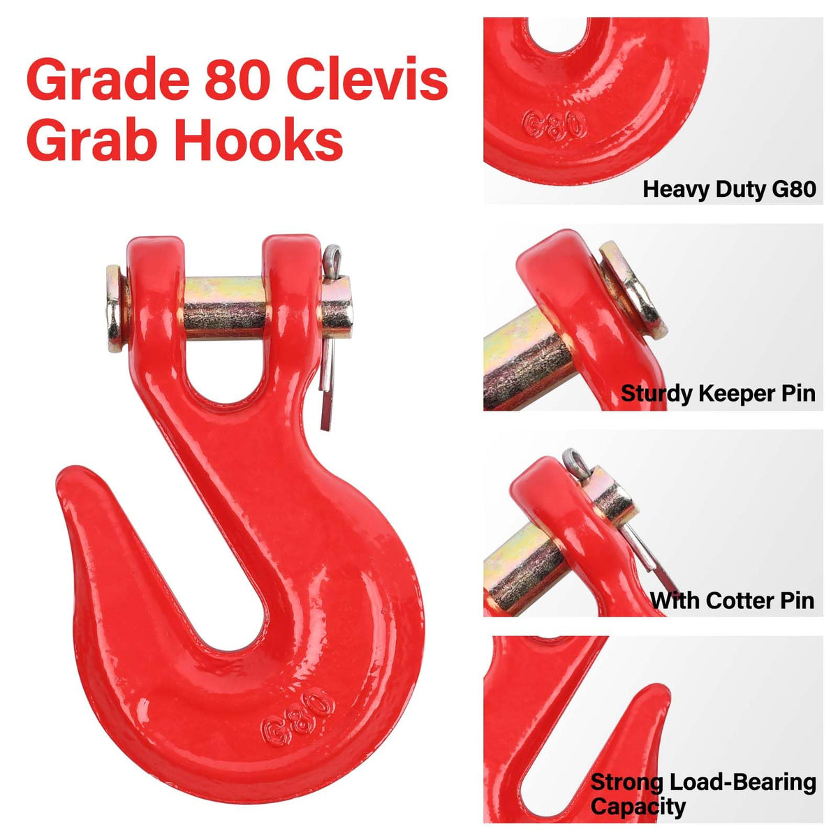 Lechansen 1/2'' G80 Clevis Grab Hook,10 Pack Grade 80 Chain Hooks 1/2 Inch Heavy Duty, 12,000 Lbs Working Load Limit Tow Hooks Transport Chain Hooks for G80 Binder and Chains - Red