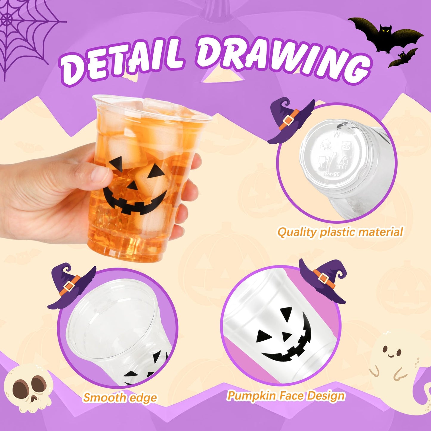 Pumpkin Face Plastic Cups Halloween Scary Disposable Party Cup Jack O Lantern 12oz Clear Cups for Candy Beverage Snacks October Trick or Treat Party Supplies (50)