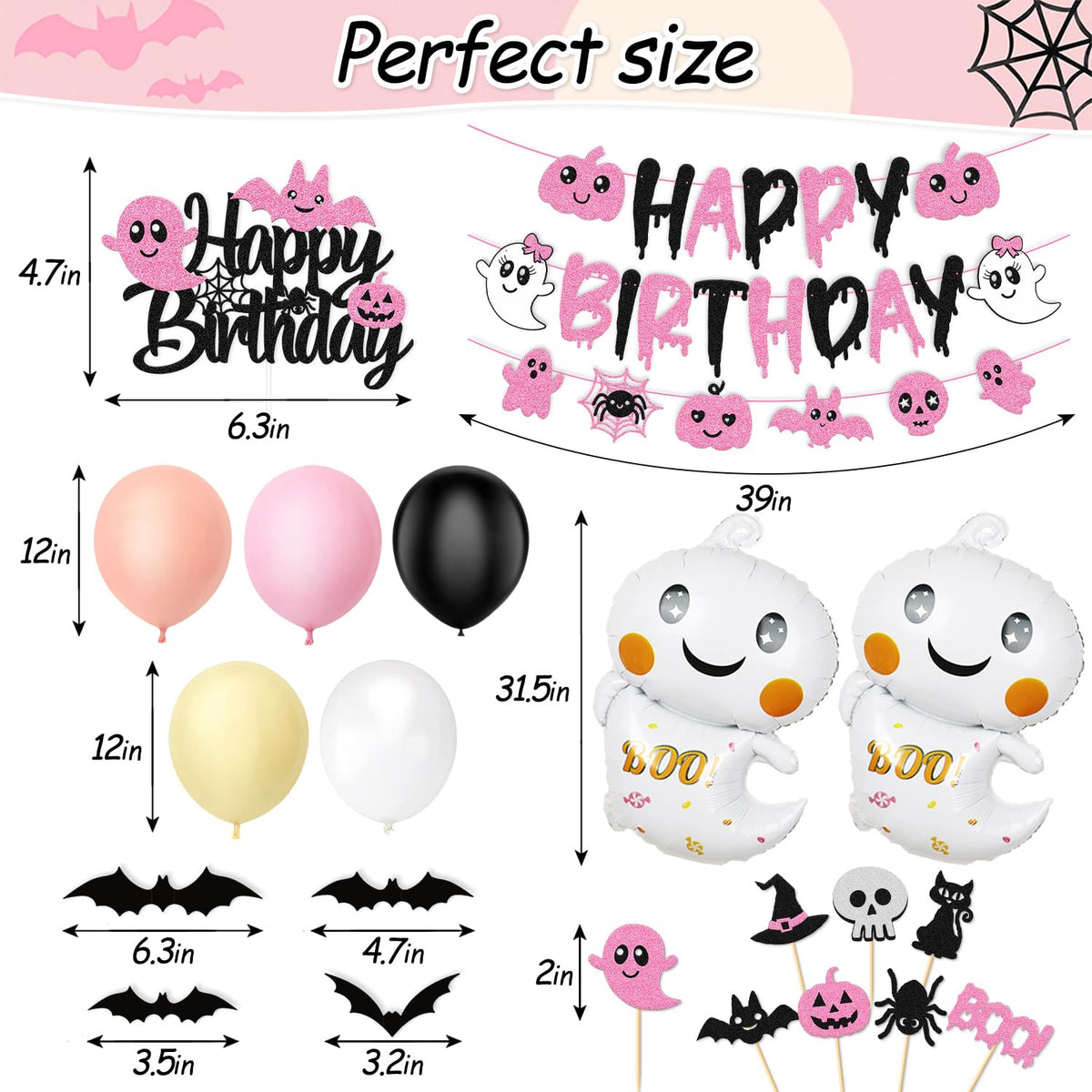 67 Pcs Halloween Birthday Decorations Pink Black Birthday Banner Cake Topper Cupcake decoration Bat Wall Stickers Halloween Theme Balloons Happy Bday Party Supplies