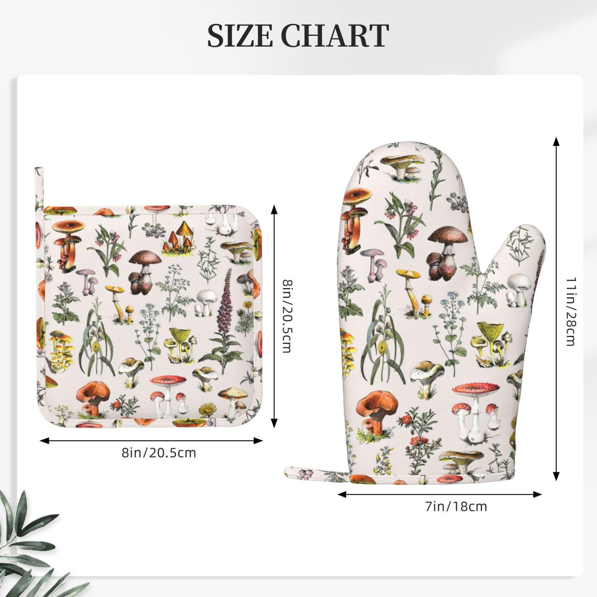 CEVIOLINRE Vintage Botanical Oven Mitts and Pot Holders Set Silicone Heat Resistant Plants Herbs Mushroom Kitchen Gloves Set Nature Floral Kitchen Mittens Pot Holders for BBQ Cooking Baking Grilling