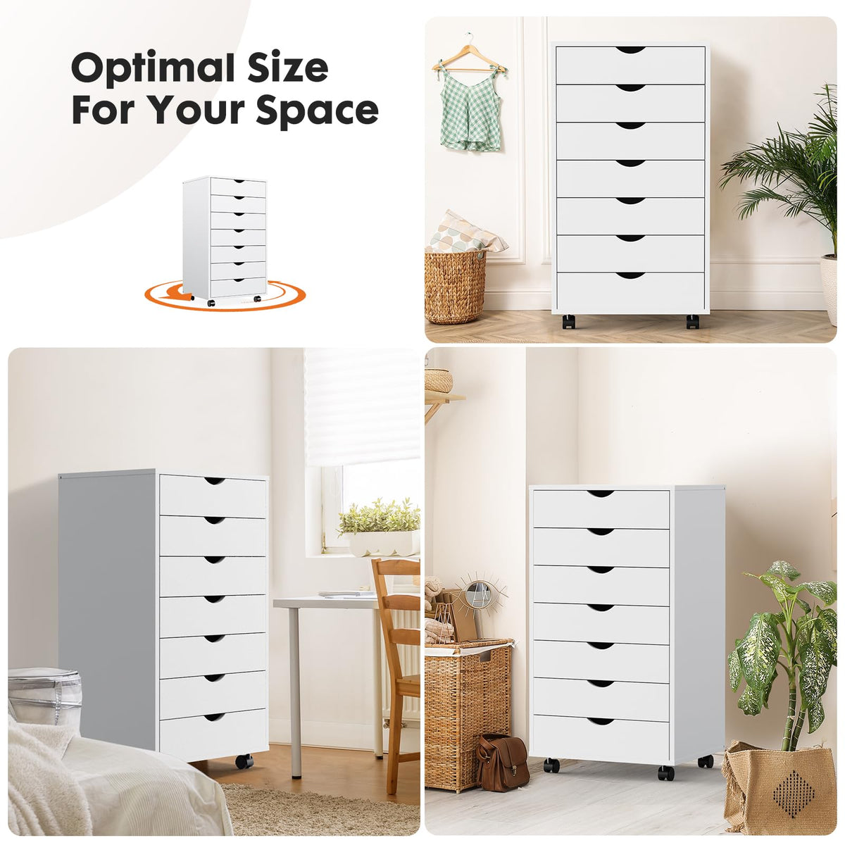 OLIXIS 7 Drawer Mobile File Cabinet Under Desk Storage Organization with Wheels Vertical Filing Chest Rolling Wood Small Desk Printer Stand for Home Office, 15.75"D x 18.74"W x 34.25"H, White