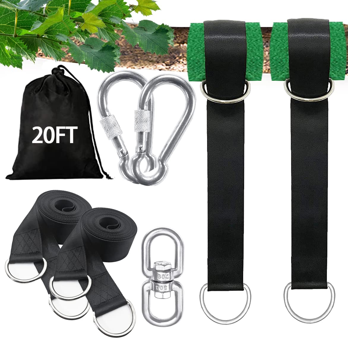 igolfluck Tree Swing Straps Hanging Kit 4FT/8FT/15FT/20FT/25FT, Extra Long Tree Swing Straps Holds 5500 lbs with Lock Carabiners & Tree Protectors, Safer for All Swing & Hammock (20FT)
