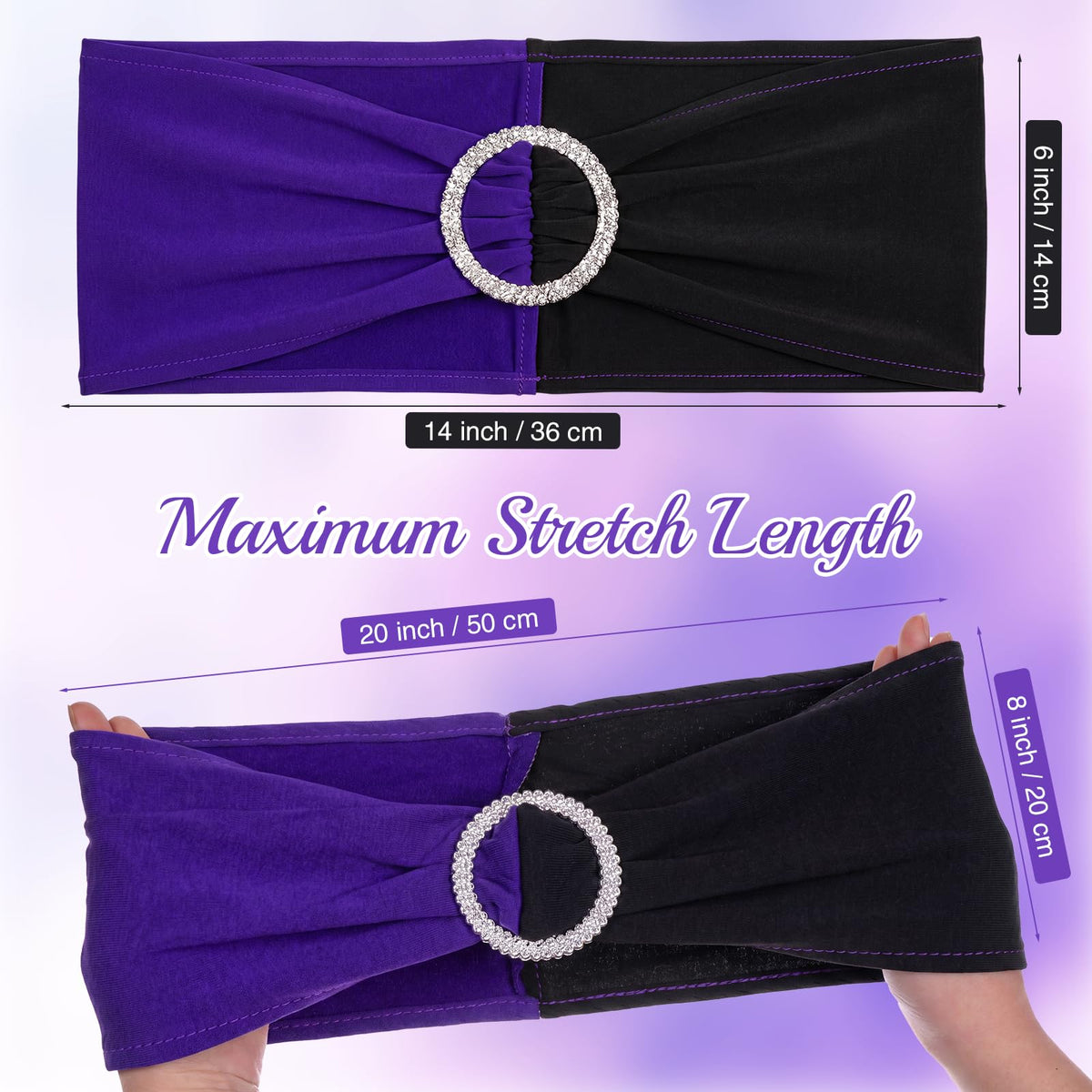 Moukeren 12 Pcs Black and Purple Spandex Chair Sashes Halloween Party Stretch Chair Ties Bows with Buckle Slider Blocking for Halloween Holiday Birthday Party Banquet Decoration
