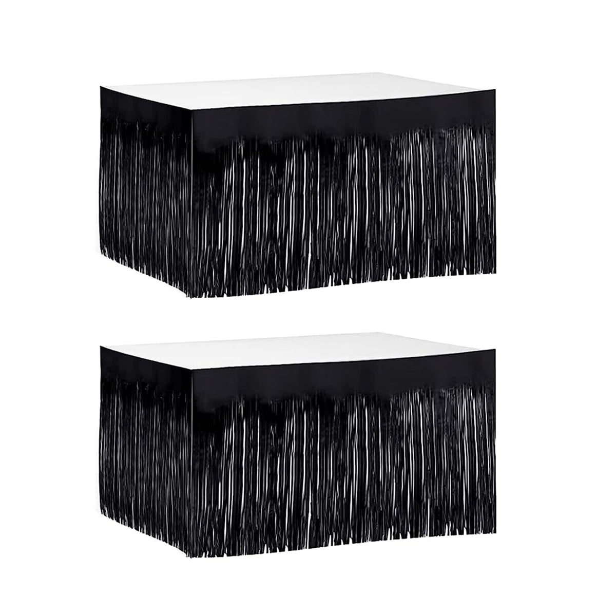 2 Pack 29.5x168 Inch Metallic Foil Fringe Tinsel Table Skirts Disposable Table Skirt for Parade Floats, Mardi Gras Party, Wedding, Birthday Party(Black)