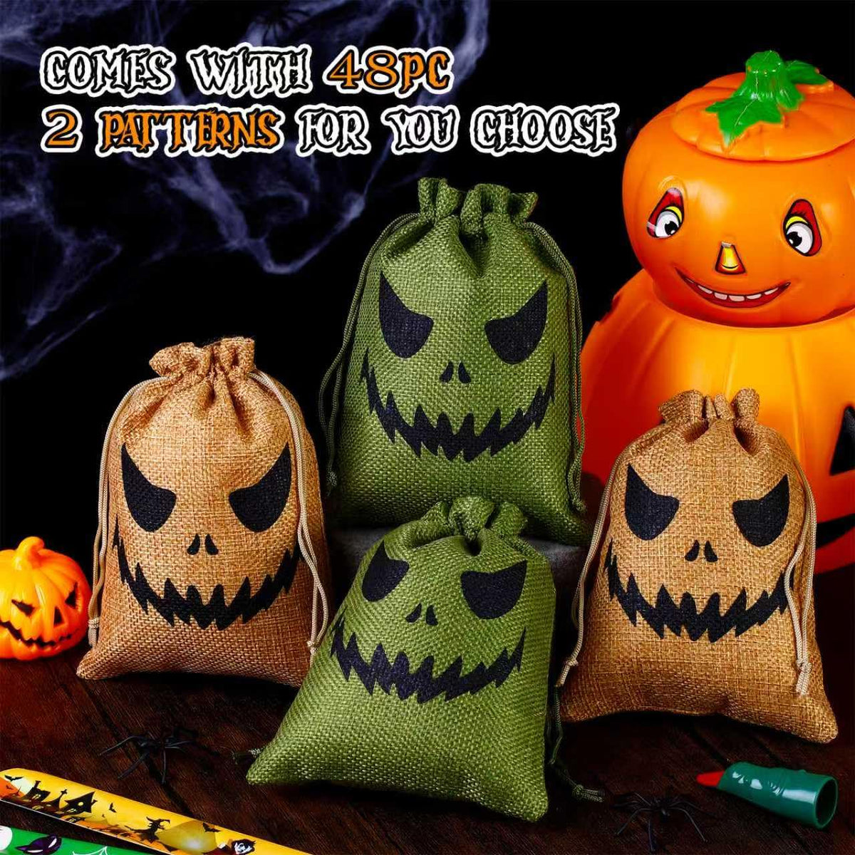 NFAMRZCAR 48 Pcs Halloween Burlap Treat Bags Gift Bags 5"x7" Drawstring Oogie Halloween Trick or Treat Burlap Bag Candy Bags for Party Favors Supplies (Colorful, 2 STYLE 48PC)