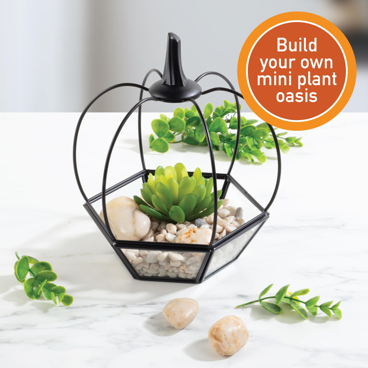 Thanksgiving Table Centerpiece - Pumpkin Glass Terrarium (7x7x8)- Rustic Fall Tabletop Decor - Artificial Pumpkin for Home, Kitchen, Office Decorations- Autumn Plant Garden Display- Black Trim Planter